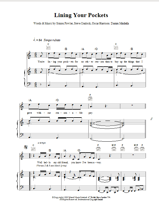 Ocean Colour Scene Lining Your Pockets Sheet Music Notes & Chords for Piano, Vocal & Guitar (Right-Hand Melody) - Download or Print PDF