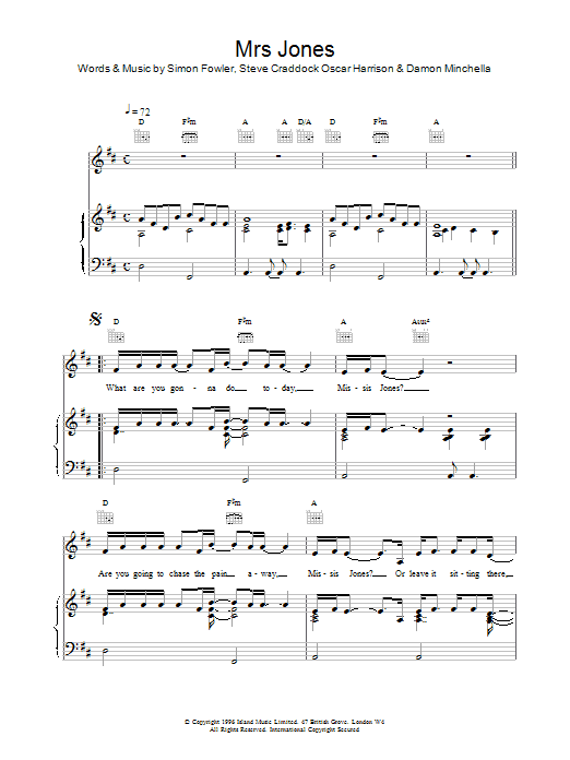 Ocean Colour Scene Mrs Jones Sheet Music Notes & Chords for Piano, Vocal & Guitar (Right-Hand Melody) - Download or Print PDF