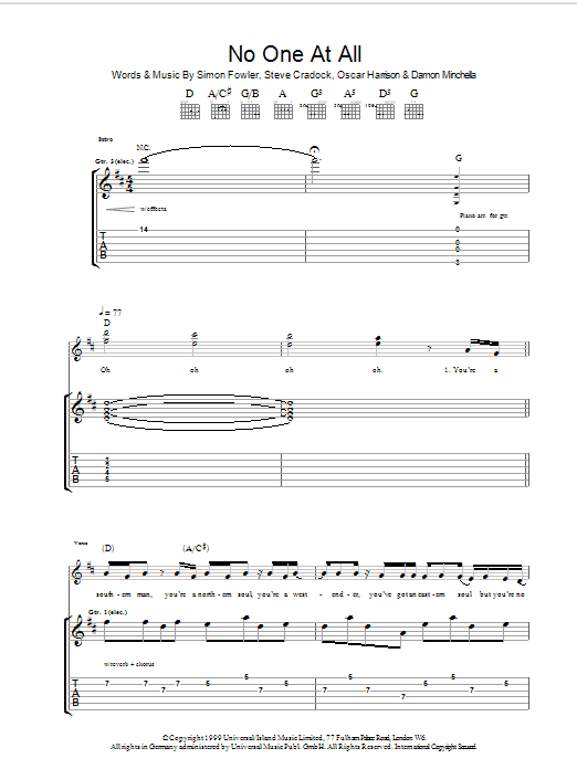 Ocean Colour Scene No One At All Sheet Music Notes & Chords for Guitar Tab - Download or Print PDF