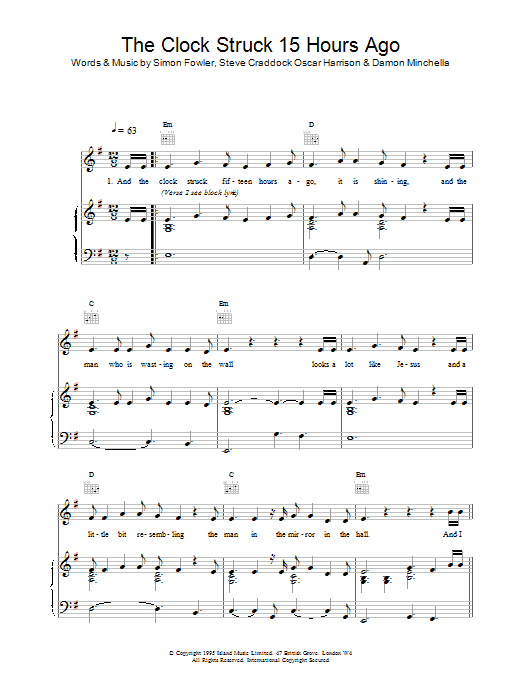 Ocean Colour Scene The Clock Struck 15 Hours Ago Sheet Music Notes & Chords for Piano, Vocal & Guitar (Right-Hand Melody) - Download or Print PDF
