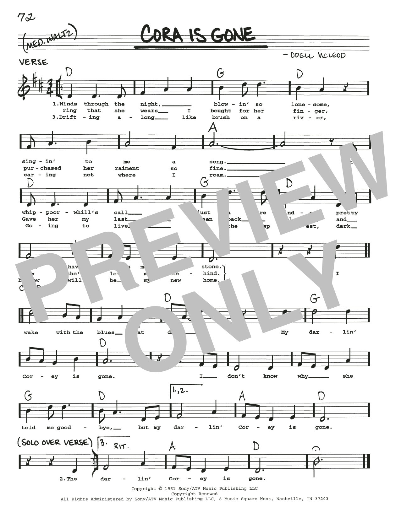 Odell McLeod Cora Is Gone Sheet Music Notes & Chords for Real Book – Melody, Lyrics & Chords - Download or Print PDF