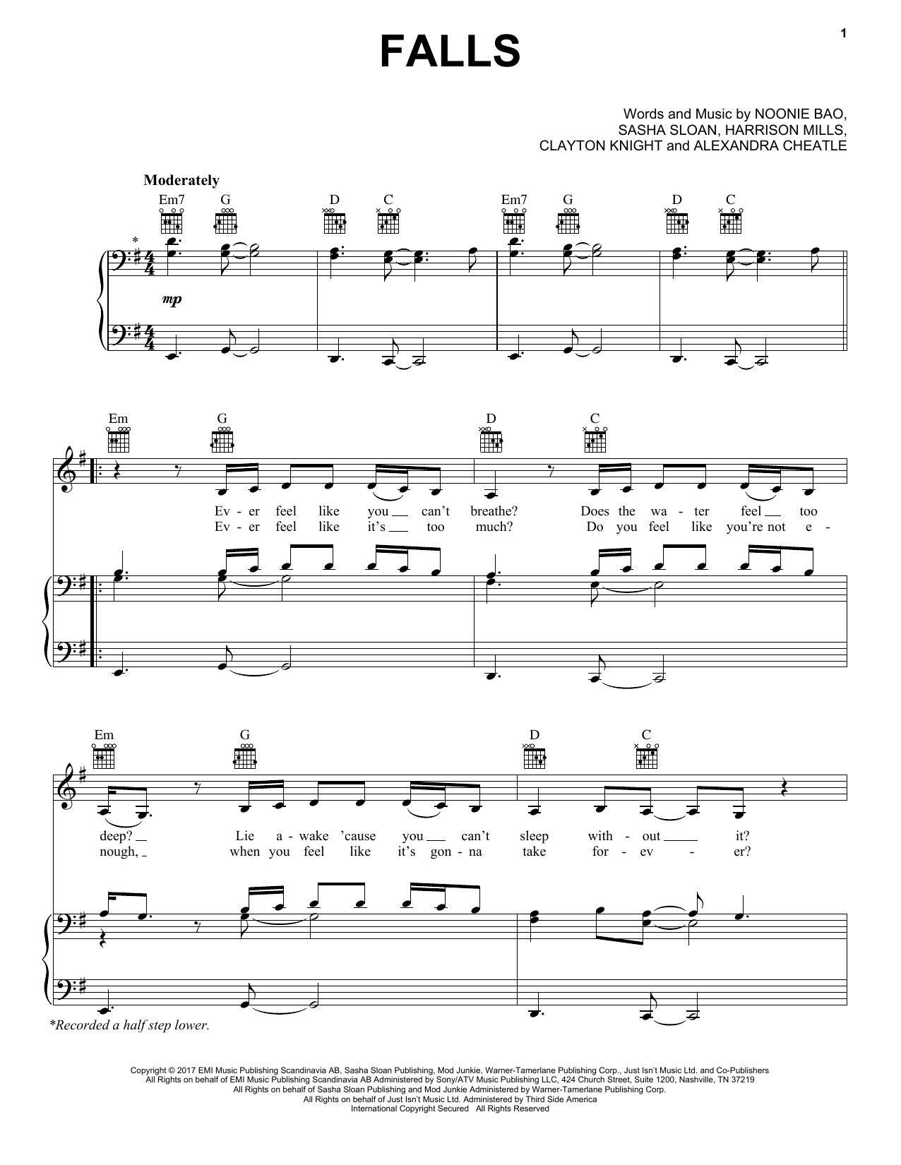 ODESZA Falls (Feat. Sasha Sloan) Sheet Music Notes & Chords for Piano, Vocal & Guitar (Right-Hand Melody) - Download or Print PDF