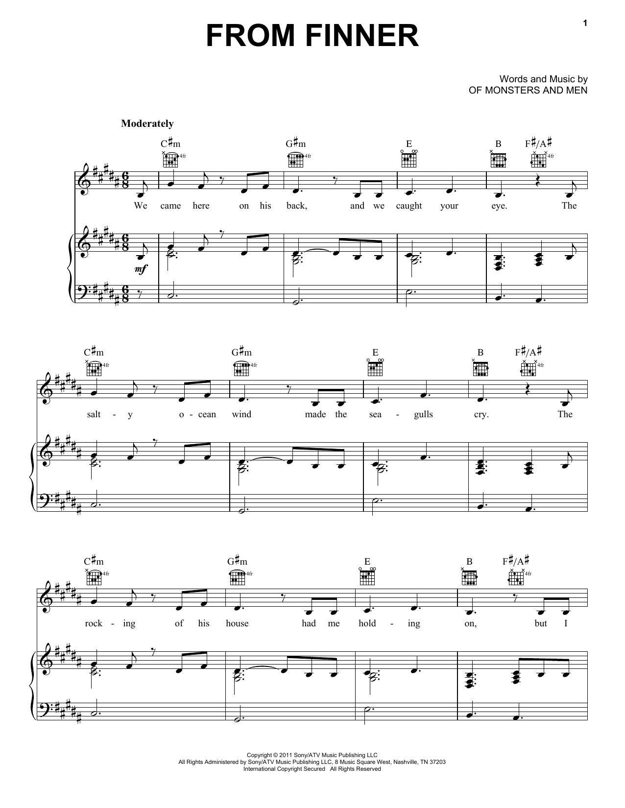 Of Monsters And Men From Finner Sheet Music Notes & Chords for Piano, Vocal & Guitar (Right-Hand Melody) - Download or Print PDF