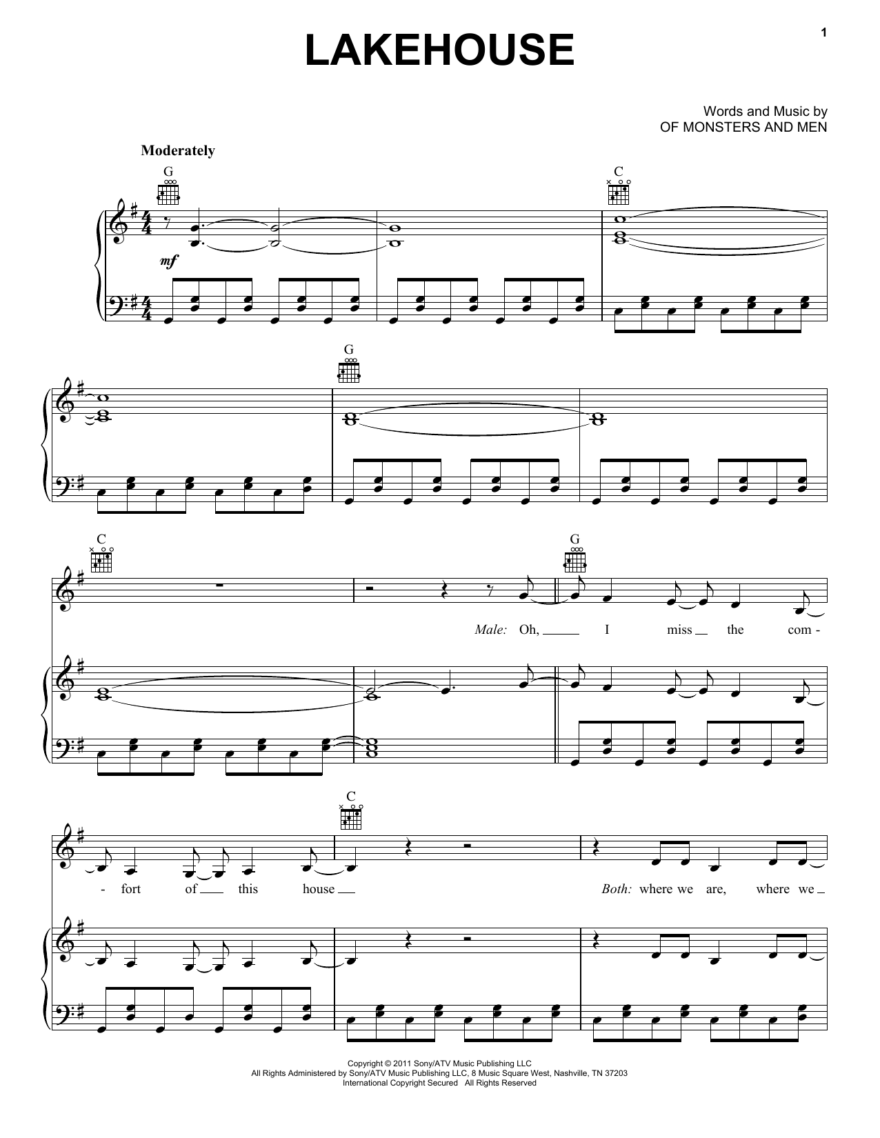 Of Monsters And Men Lakehouse Sheet Music Notes & Chords for Piano, Vocal & Guitar (Right-Hand Melody) - Download or Print PDF