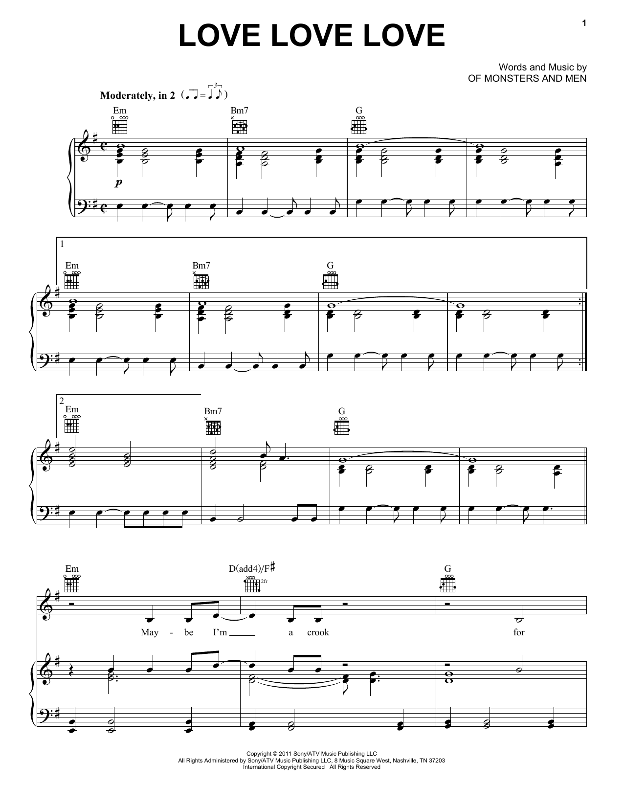 Of Monsters And Men Love Love Love Sheet Music Notes & Chords for Piano, Vocal & Guitar (Right-Hand Melody) - Download or Print PDF
