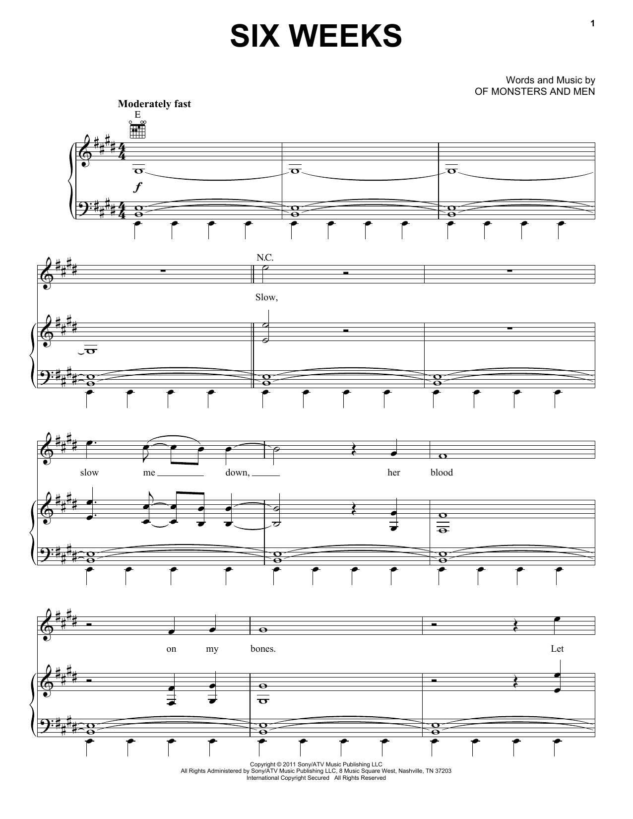 Of Monsters And Men Six Weeks Sheet Music Notes & Chords for Piano, Vocal & Guitar (Right-Hand Melody) - Download or Print PDF