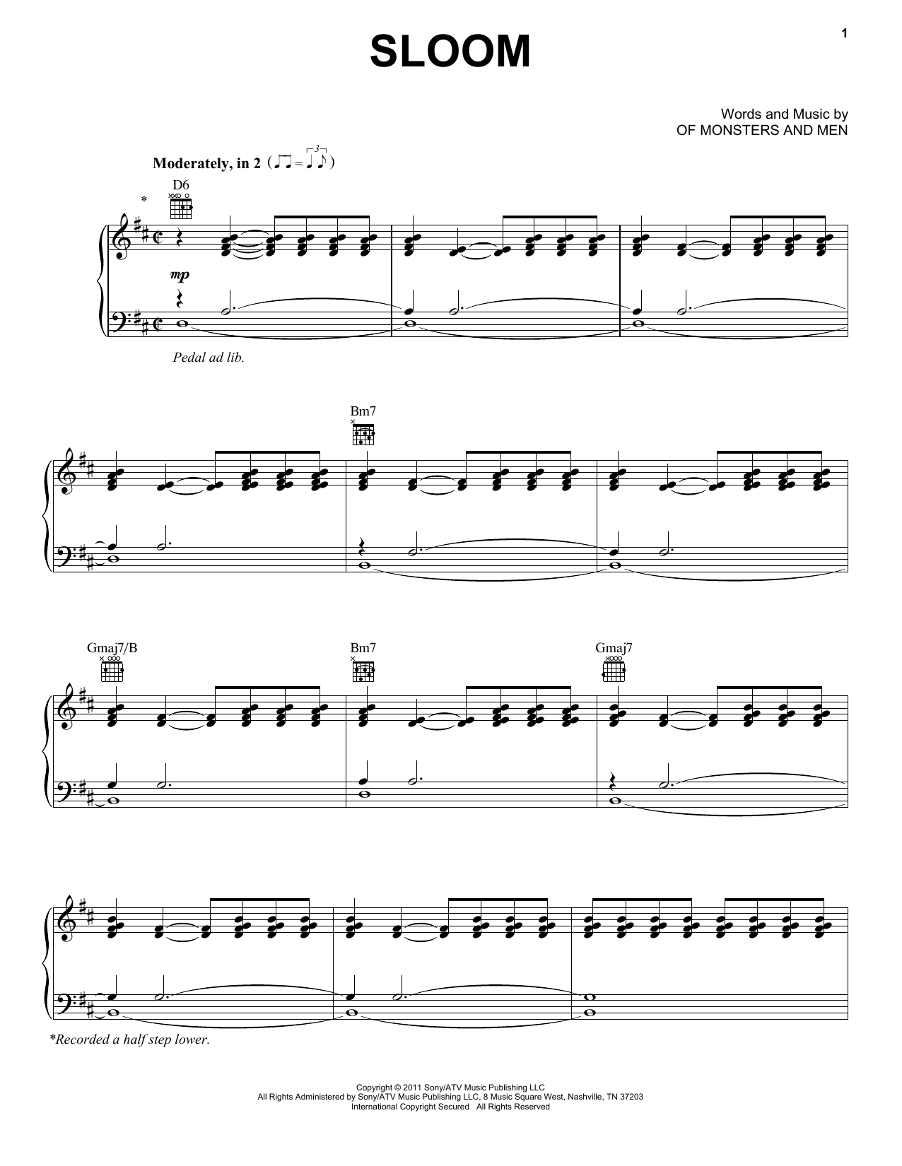 Of Monsters And Men Sloom Sheet Music Notes & Chords for Piano, Vocal & Guitar (Right-Hand Melody) - Download or Print PDF