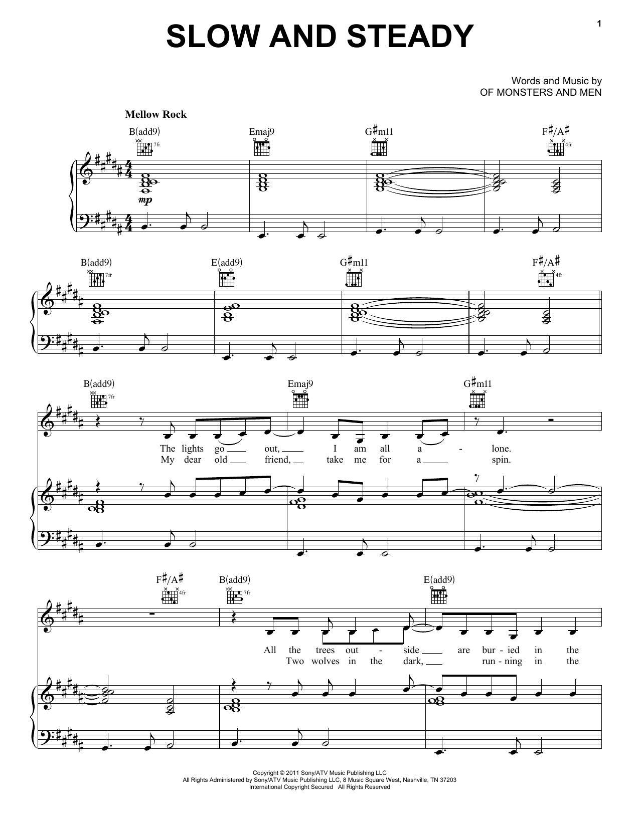Of Monsters And Men Slow And Steady Sheet Music Notes & Chords for Piano, Vocal & Guitar (Right-Hand Melody) - Download or Print PDF