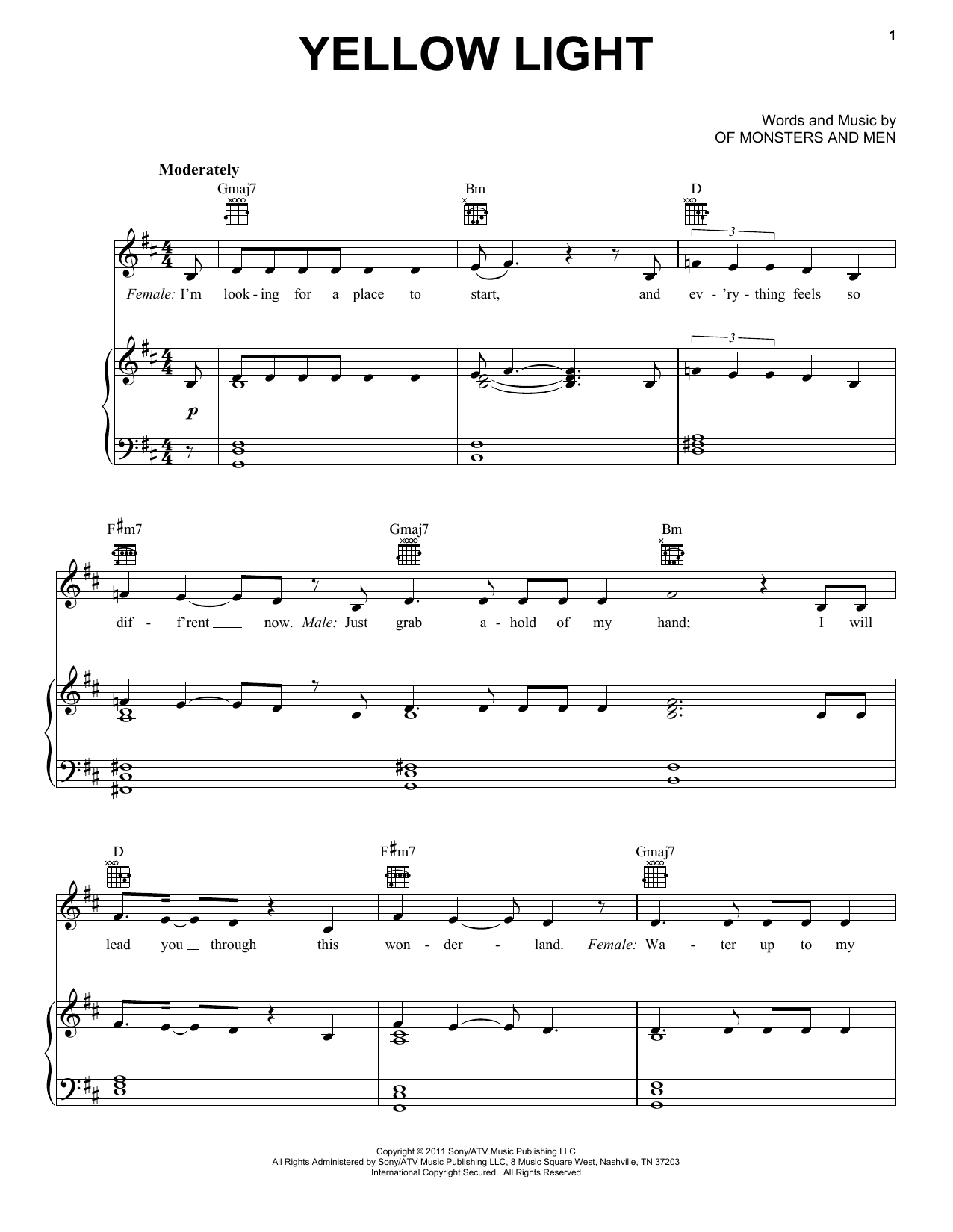 Of Monsters And Men Yellow Light Sheet Music Notes & Chords for Piano, Vocal & Guitar (Right-Hand Melody) - Download or Print PDF