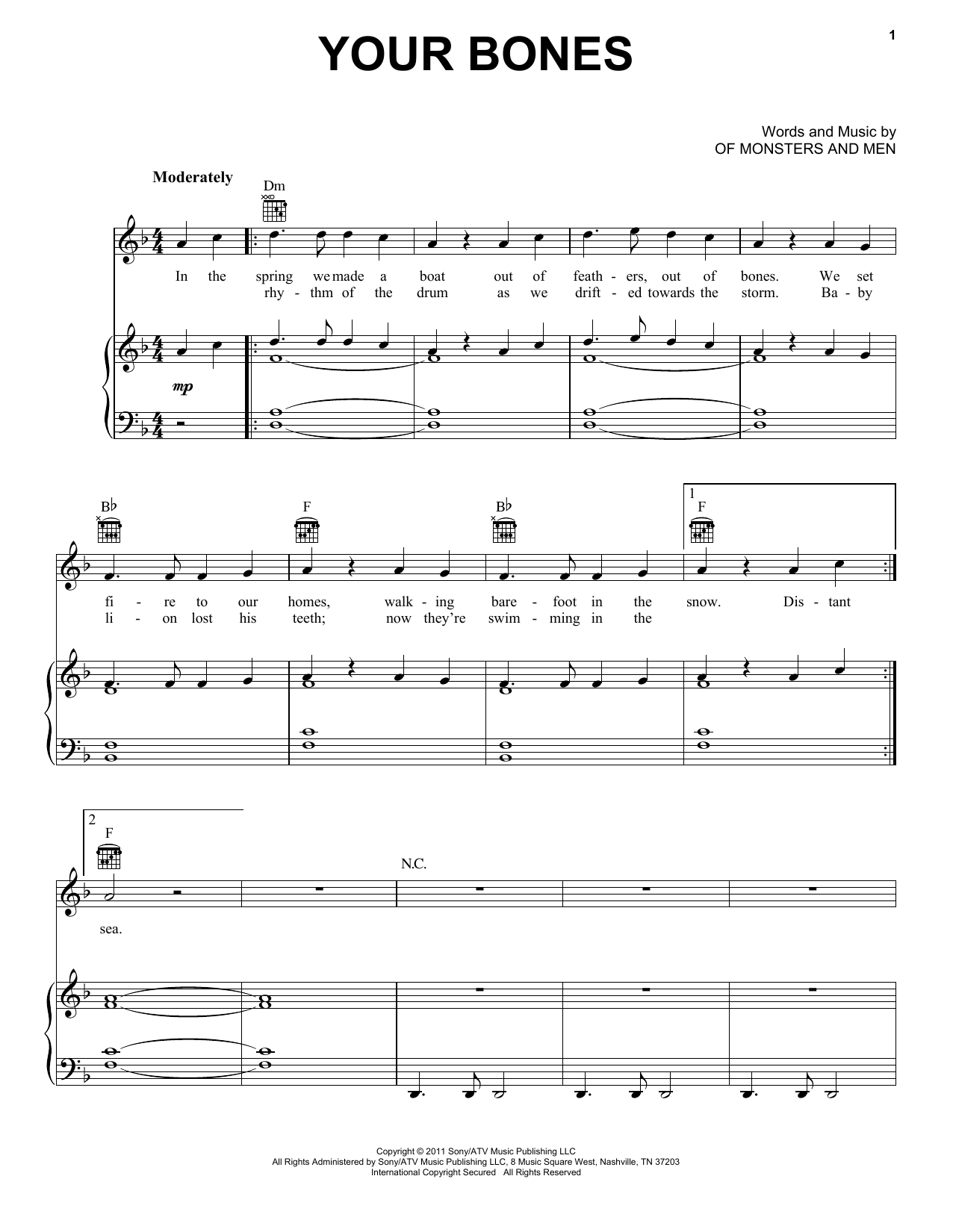 Of Monsters And Men Your Bones Sheet Music Notes & Chords for Piano, Vocal & Guitar (Right-Hand Melody) - Download or Print PDF