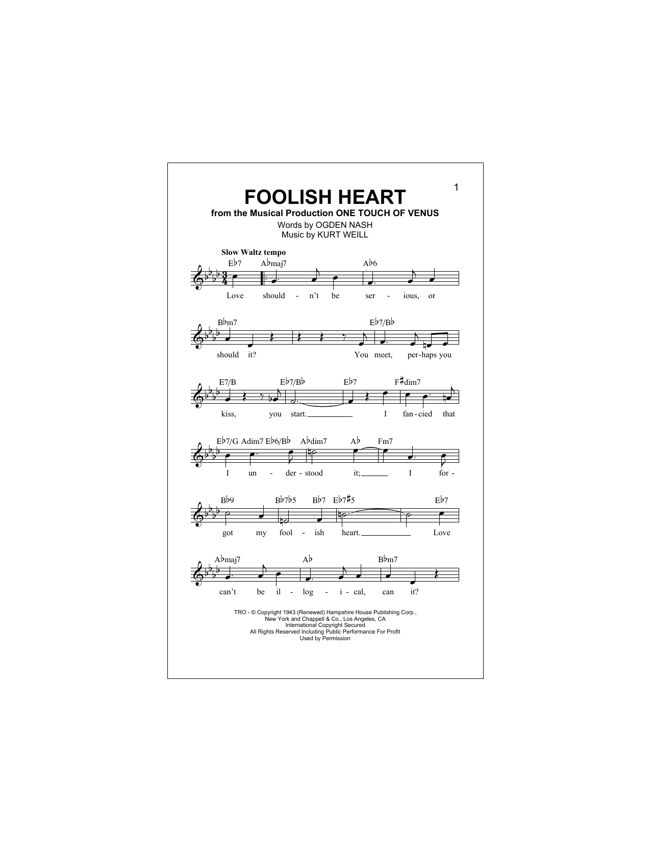 Ogden Nash Foolish Heart Sheet Music Notes & Chords for Lead Sheet / Fake Book - Download or Print PDF