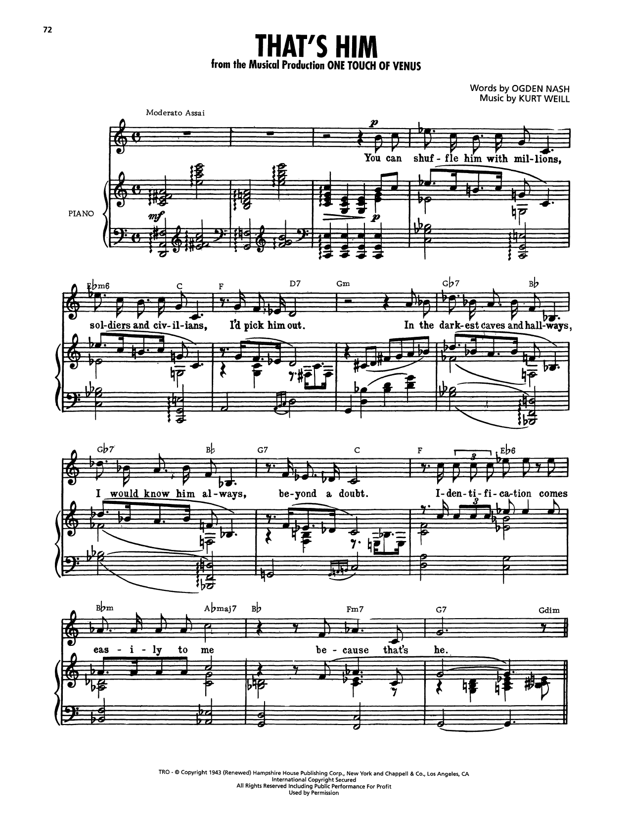 Ogden Nash That's Him (from One Touch Of Venus) Sheet Music Notes & Chords for Piano, Vocal & Guitar Chords (Right-Hand Melody) - Download or Print PDF