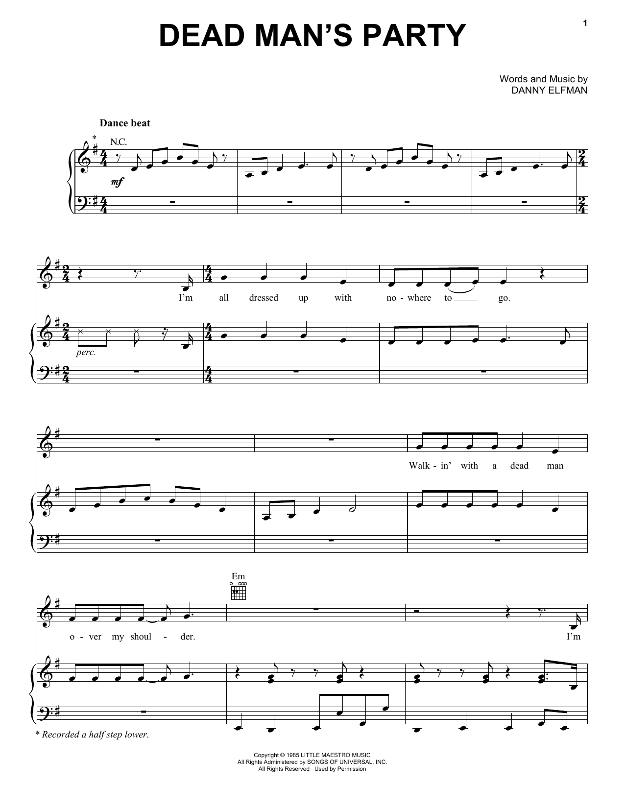 Oingo Boingo Dead Man's Party Sheet Music Notes & Chords for Piano, Vocal & Guitar Chords (Right-Hand Melody) - Download or Print PDF