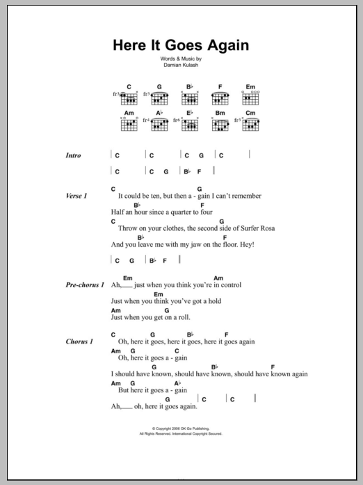 OK Go Here It Goes Again Sheet Music Notes & Chords for Piano, Vocal & Guitar (Right-Hand Melody) - Download or Print PDF