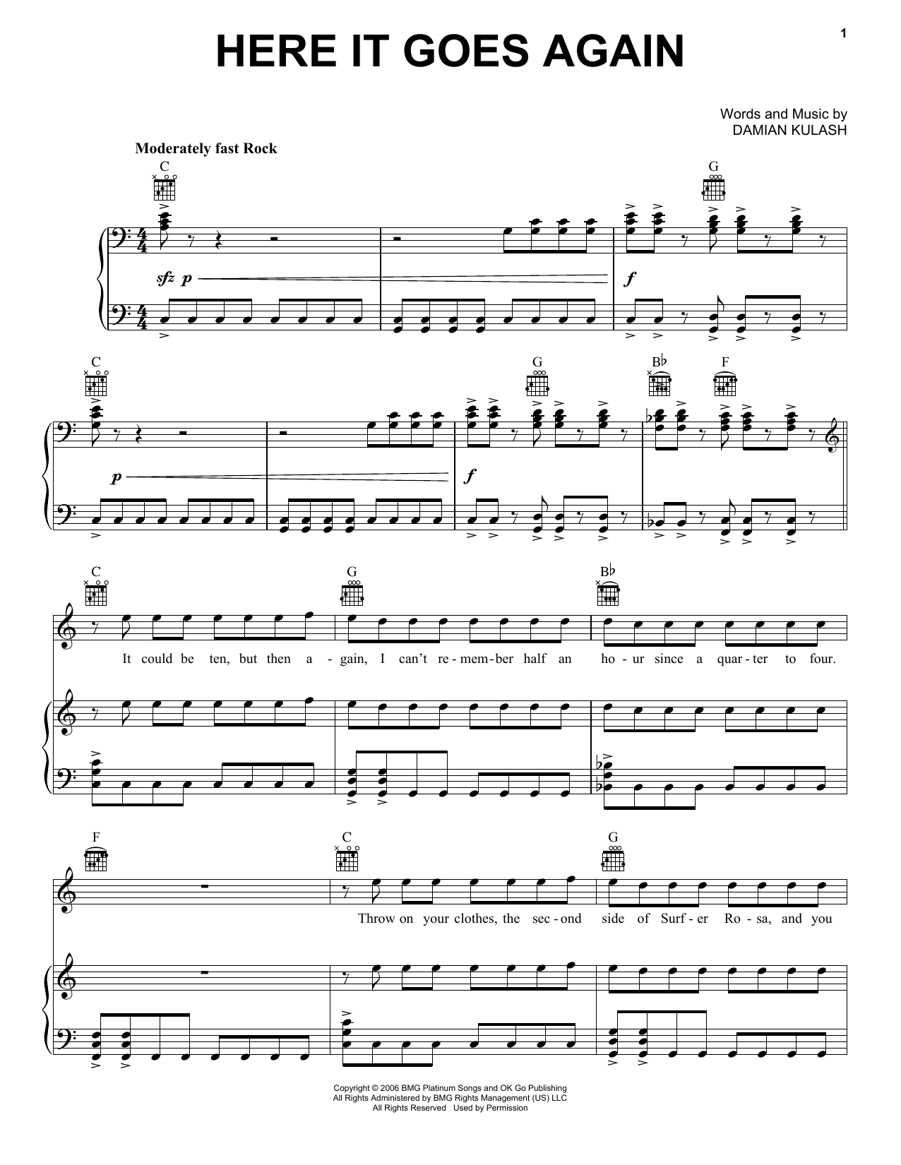 OK Go Here It Goes Again Sheet Music Notes & Chords for Piano, Vocal & Guitar (Right-Hand Melody) - Download or Print PDF
