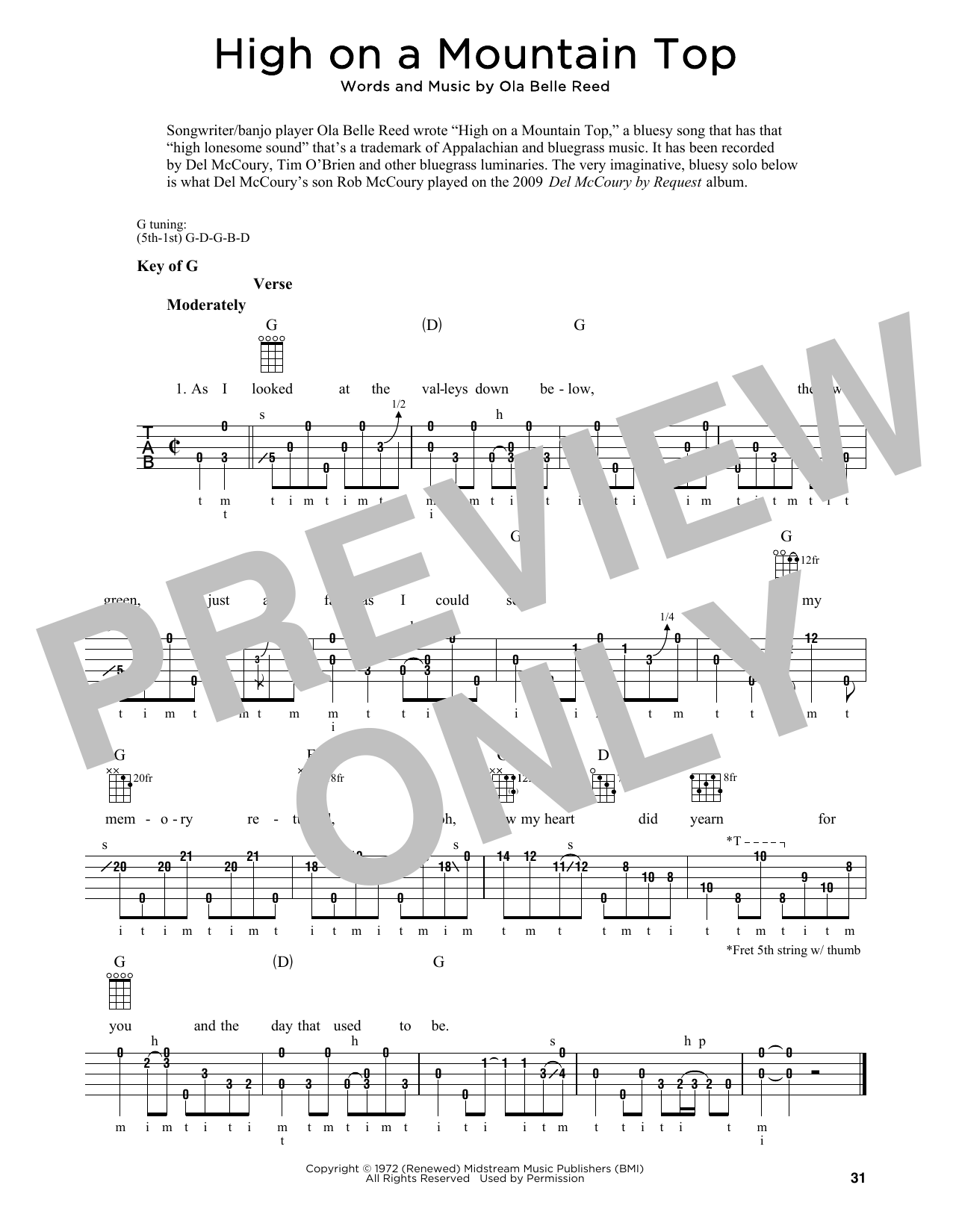 Ola Belle Reed High On A Mountain Top (arr. Fred Sokolow) Sheet Music Notes & Chords for Banjo Tab - Download or Print PDF