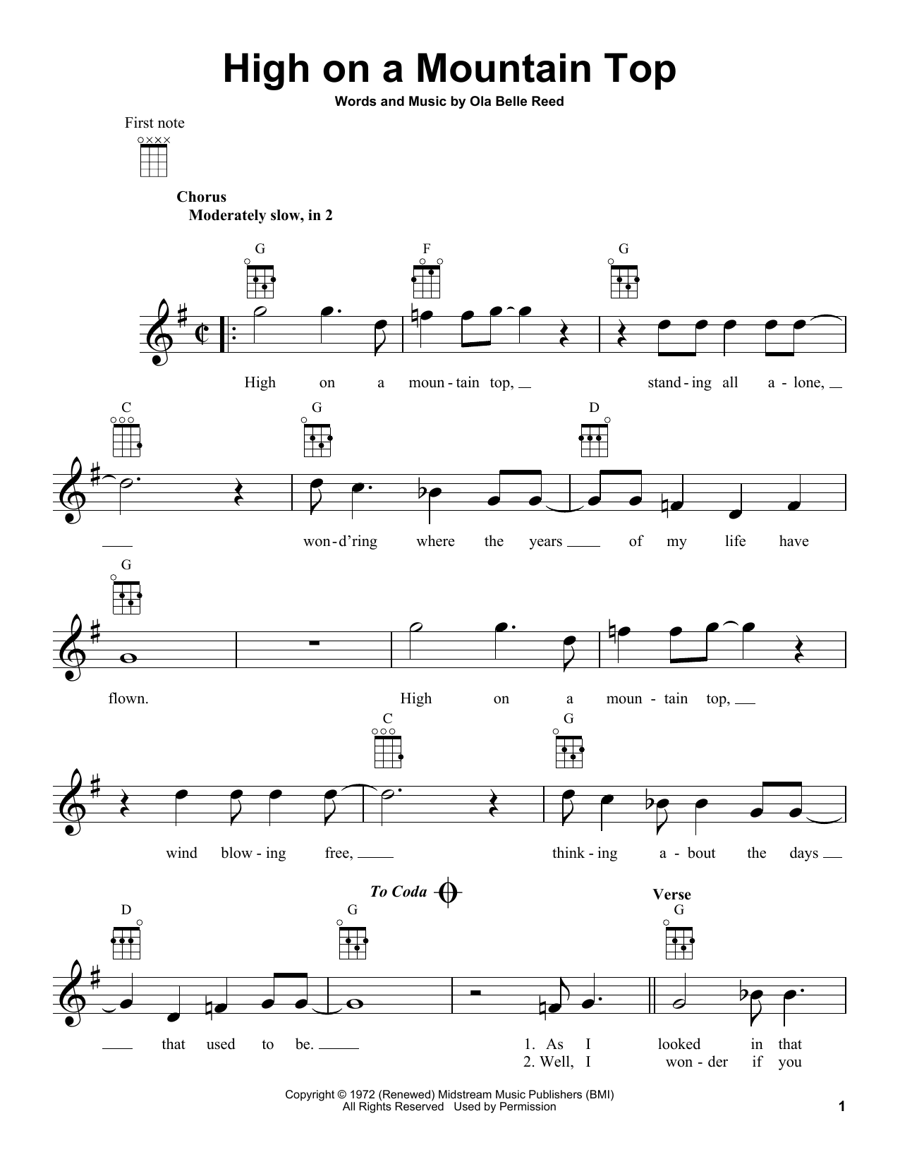 Ola Belle Reed High On A Mountain Top Sheet Music Notes & Chords for Piano, Vocal & Guitar Chords (Right-Hand Melody) - Download or Print PDF