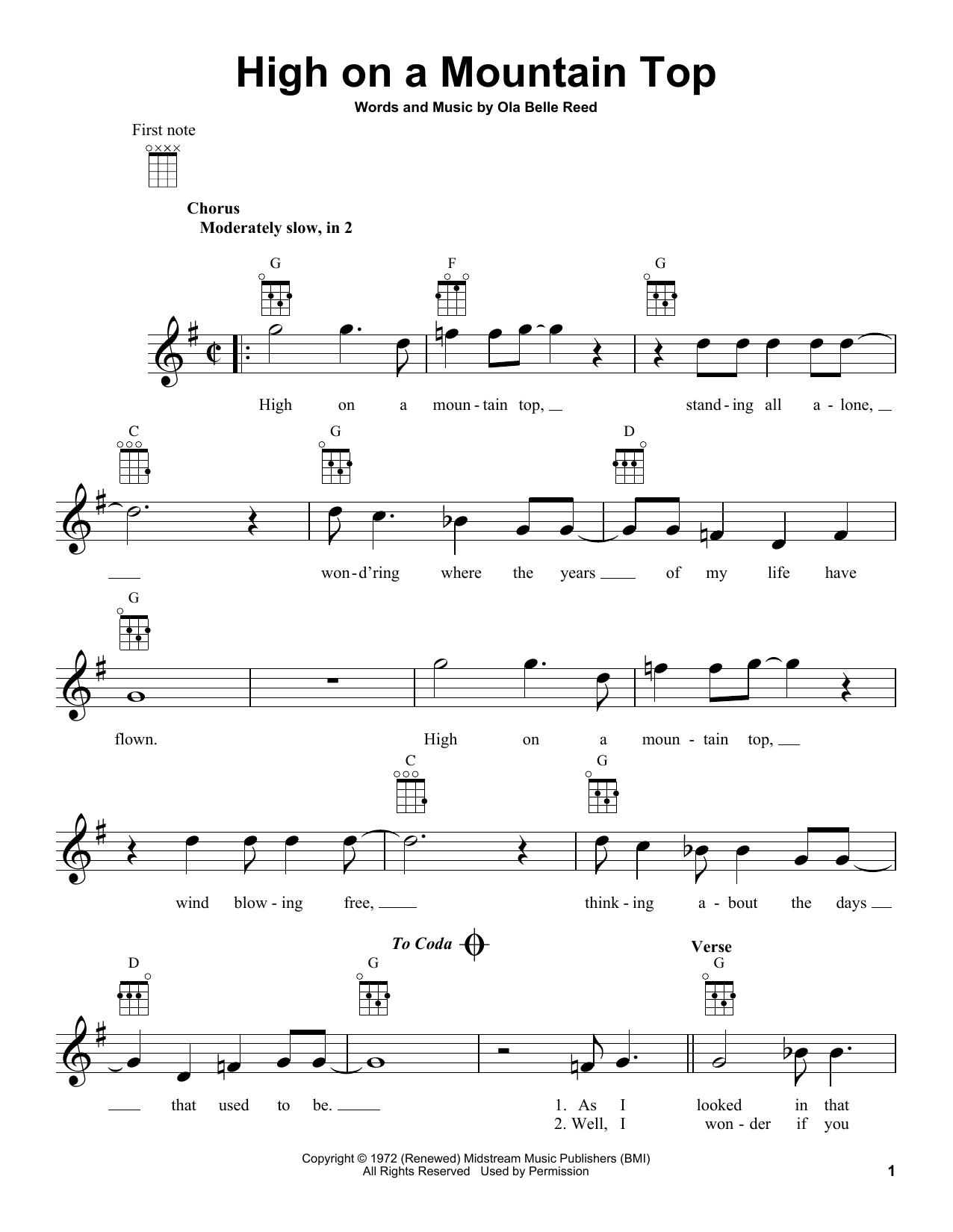 Ola Belle Reed High On A Mountain Top Sheet Music Notes & Chords for Ukulele - Download or Print PDF