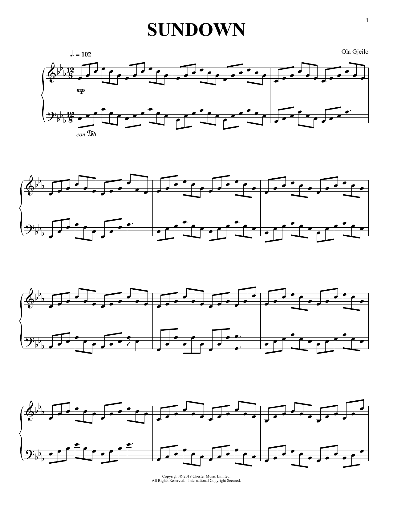 Ola Gjeilo Sundown Sheet Music Notes & Chords for Piano Solo - Download or Print PDF