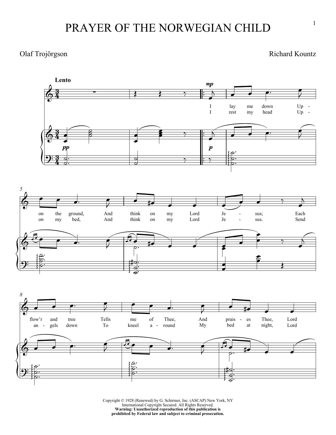 Olaf Trojargson Prayer Of The Norwegian Child Sheet Music Notes & Chords for Piano & Vocal - Download or Print PDF