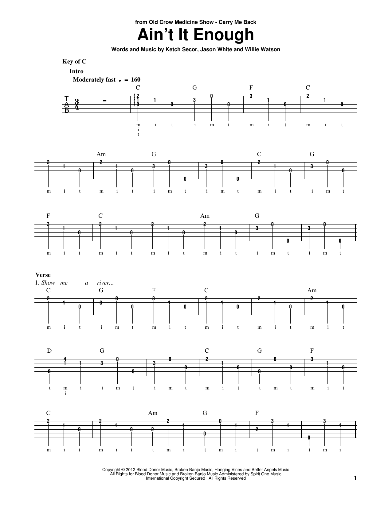 Old Crow Medicine Show Ain't It Enough Sheet Music Notes & Chords for Banjo - Download or Print PDF