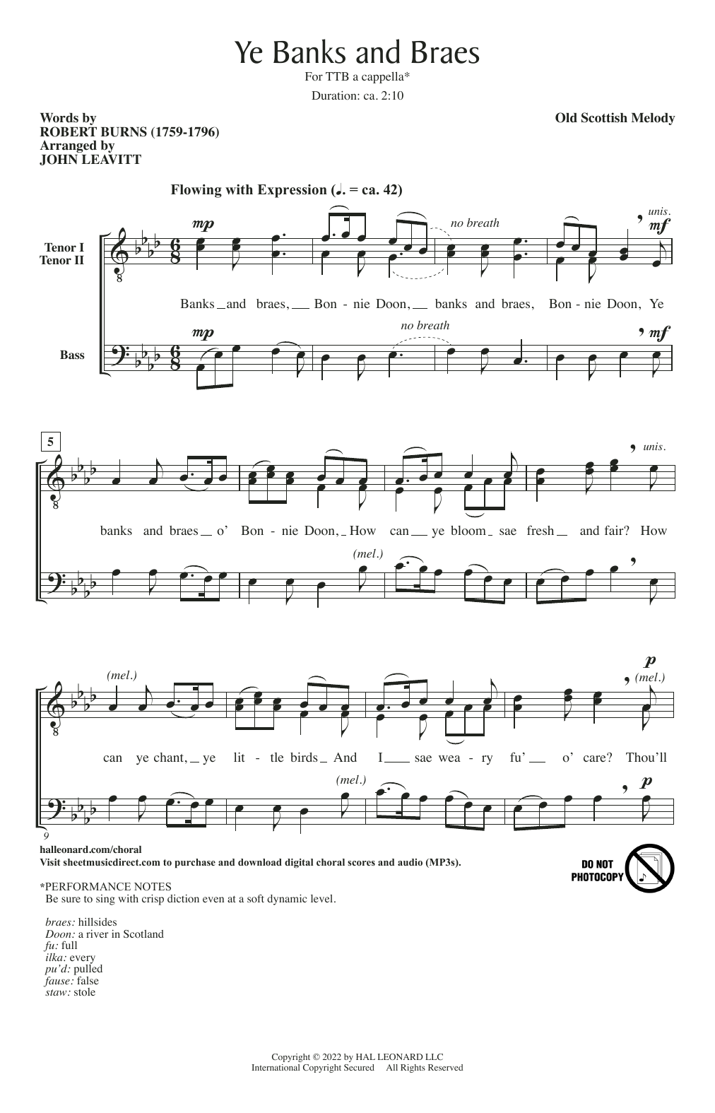 Old Scottish Melody Ye Banks And Braes (arr. John Leavitt) Sheet Music Notes & Chords for TTB Choir - Download or Print PDF