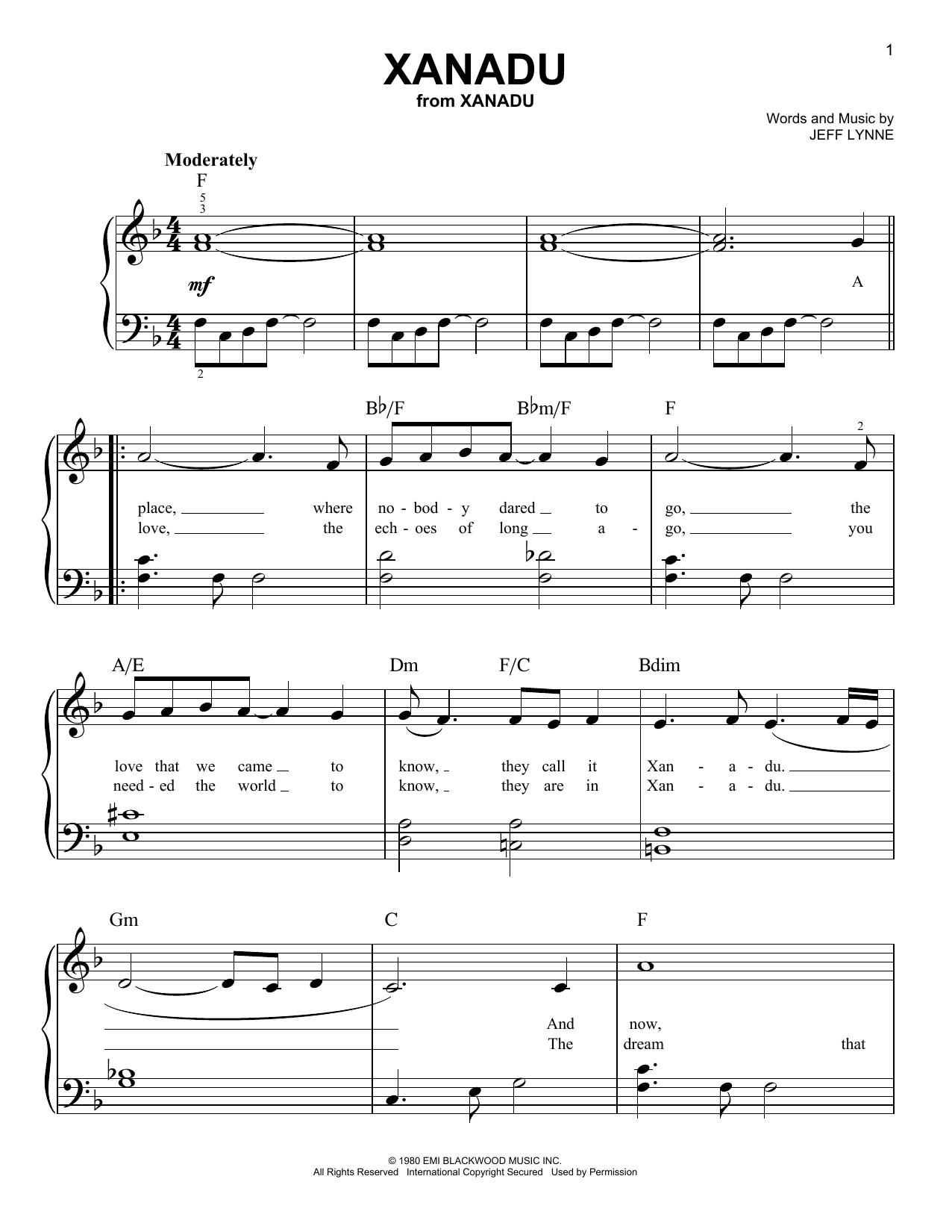 Olivia Newton-John Xanadu Sheet Music Notes & Chords for Easy Piano - Download or Print PDF