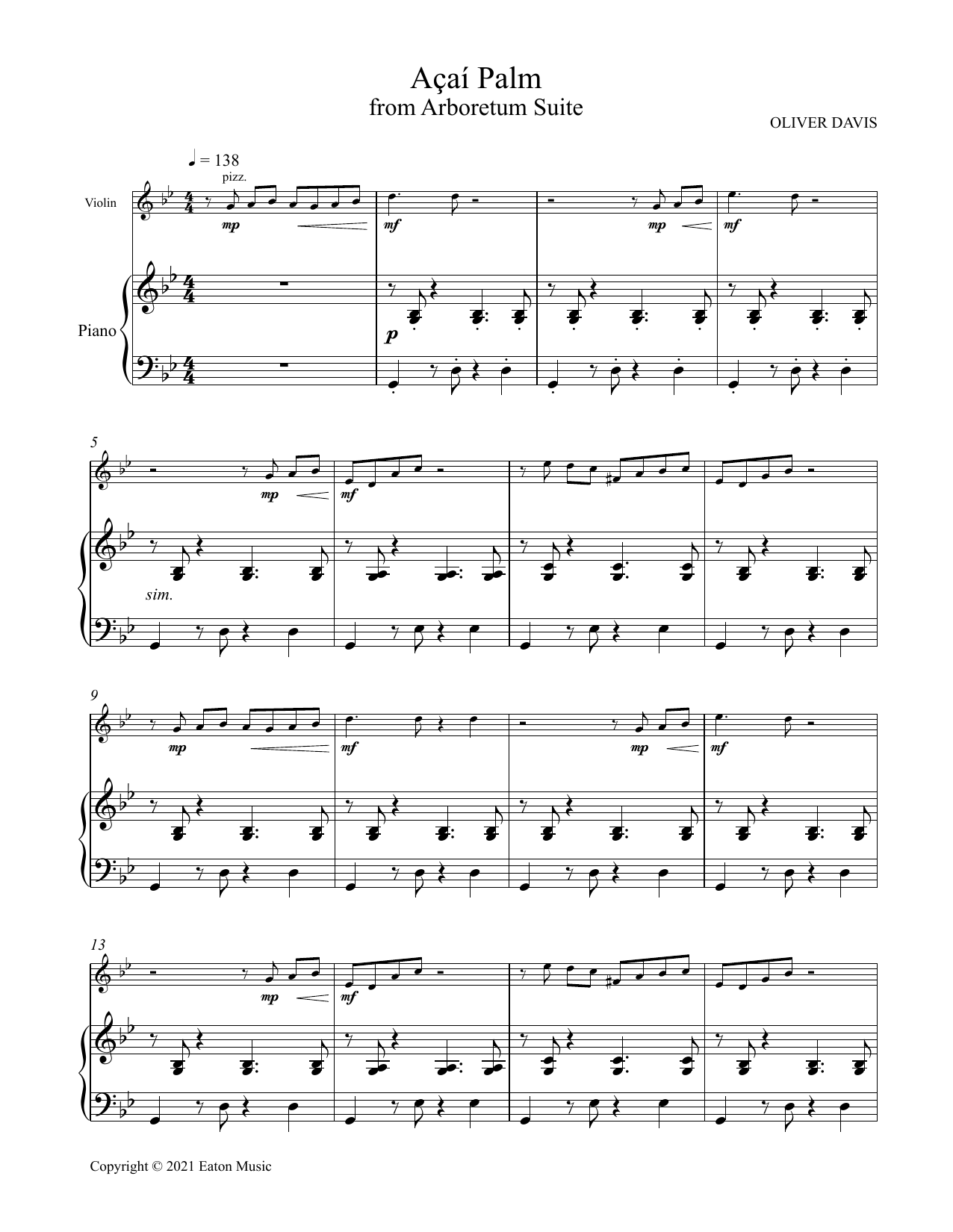 Oliver Davis Açai Palm Sheet Music Notes & Chords for Violin and Piano - Download or Print PDF