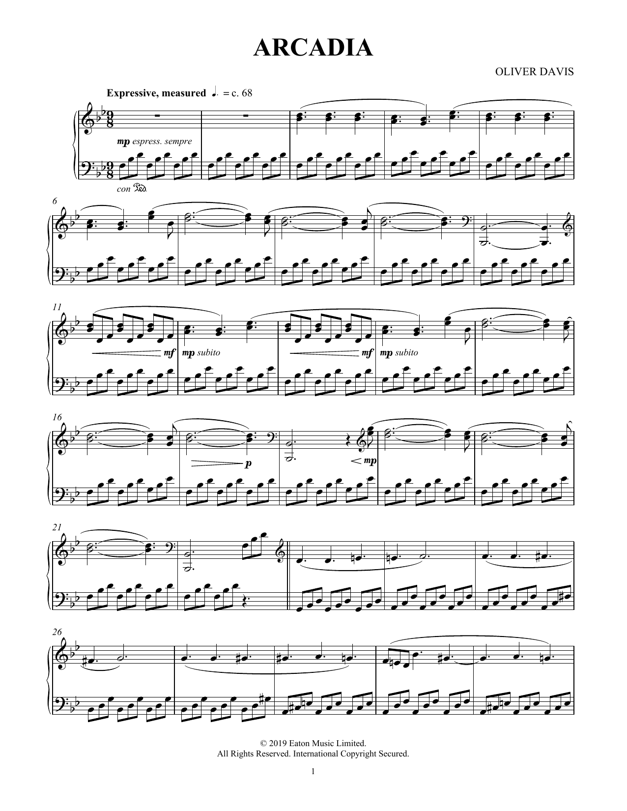 Oliver Davis Arcadia Sheet Music Notes & Chords for Piano Solo - Download or Print PDF