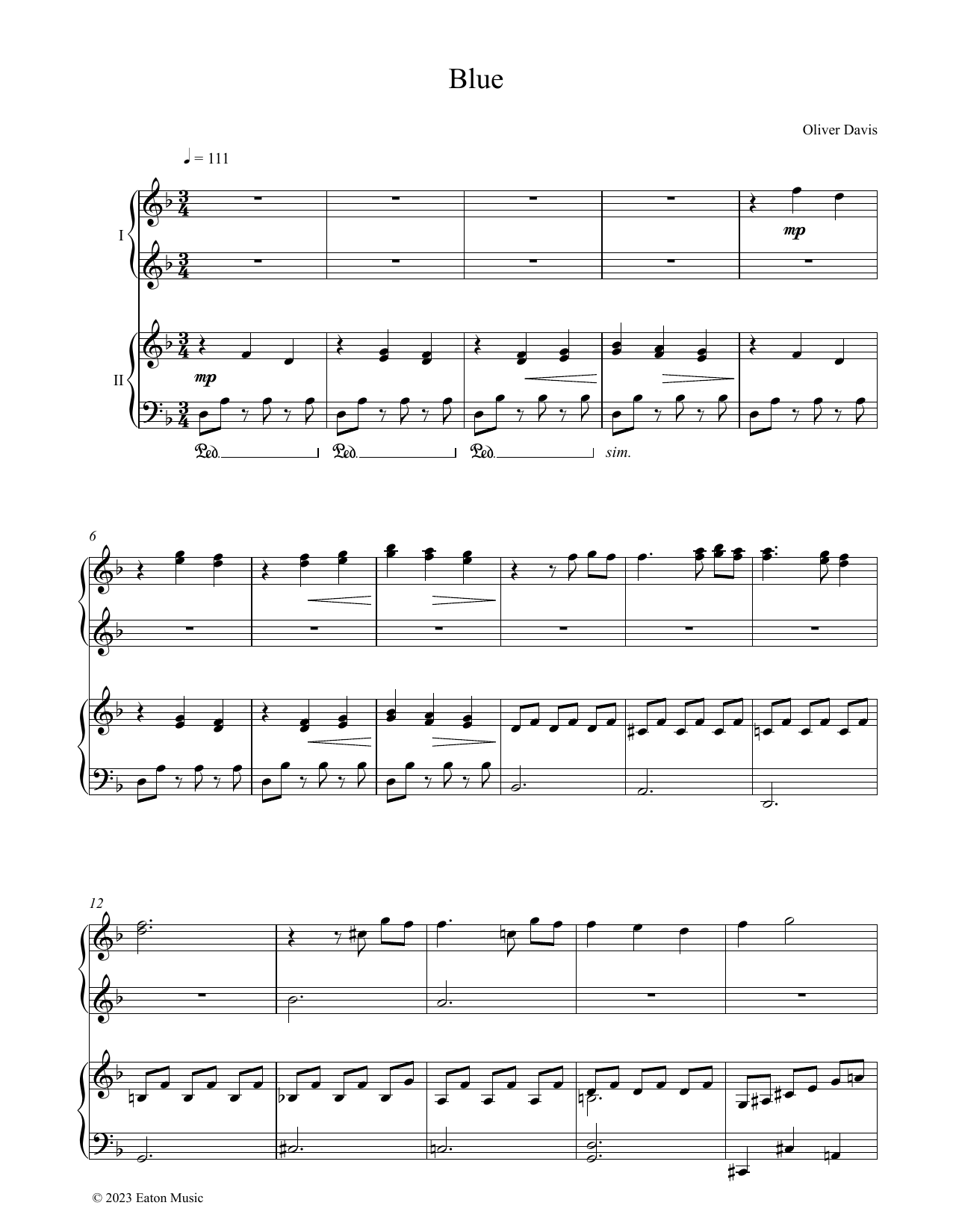 Oliver Davis Blue Sheet Music Notes & Chords for Piano Duet - Download or Print PDF