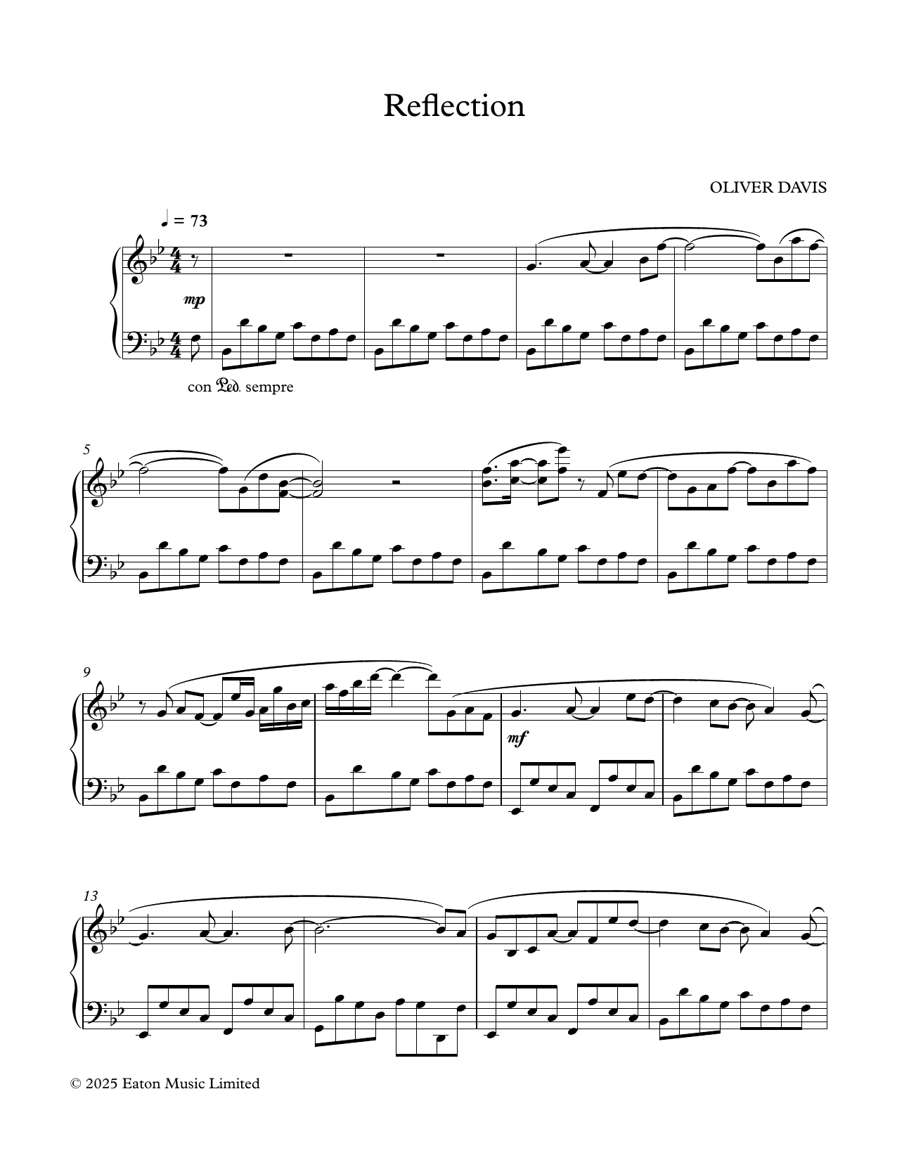 Oliver Davis Reflection Sheet Music Notes & Chords for Piano Solo - Download or Print PDF
