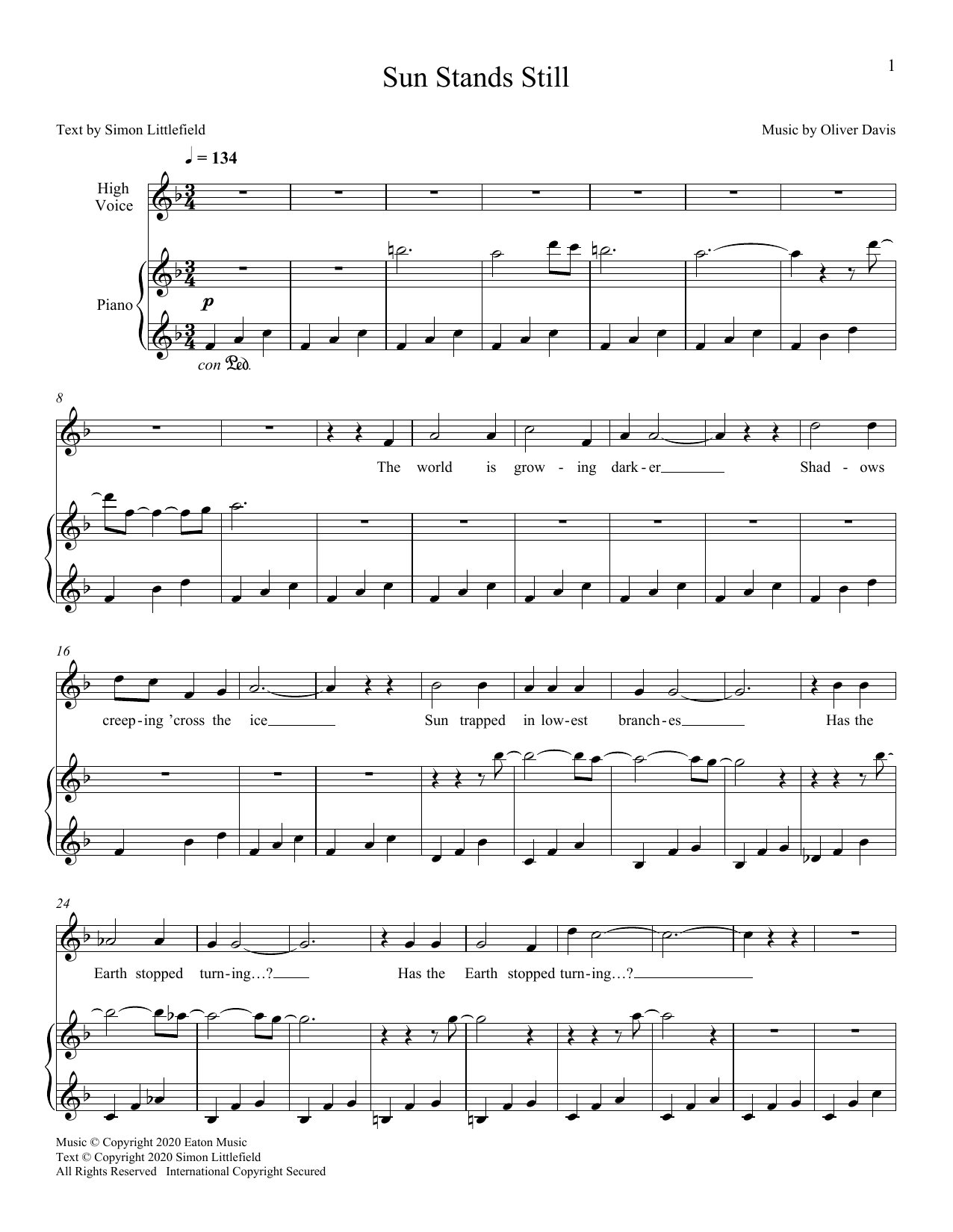 Oliver Davis Sun Stands Still Sheet Music Notes & Chords for Piano & Vocal - Download or Print PDF