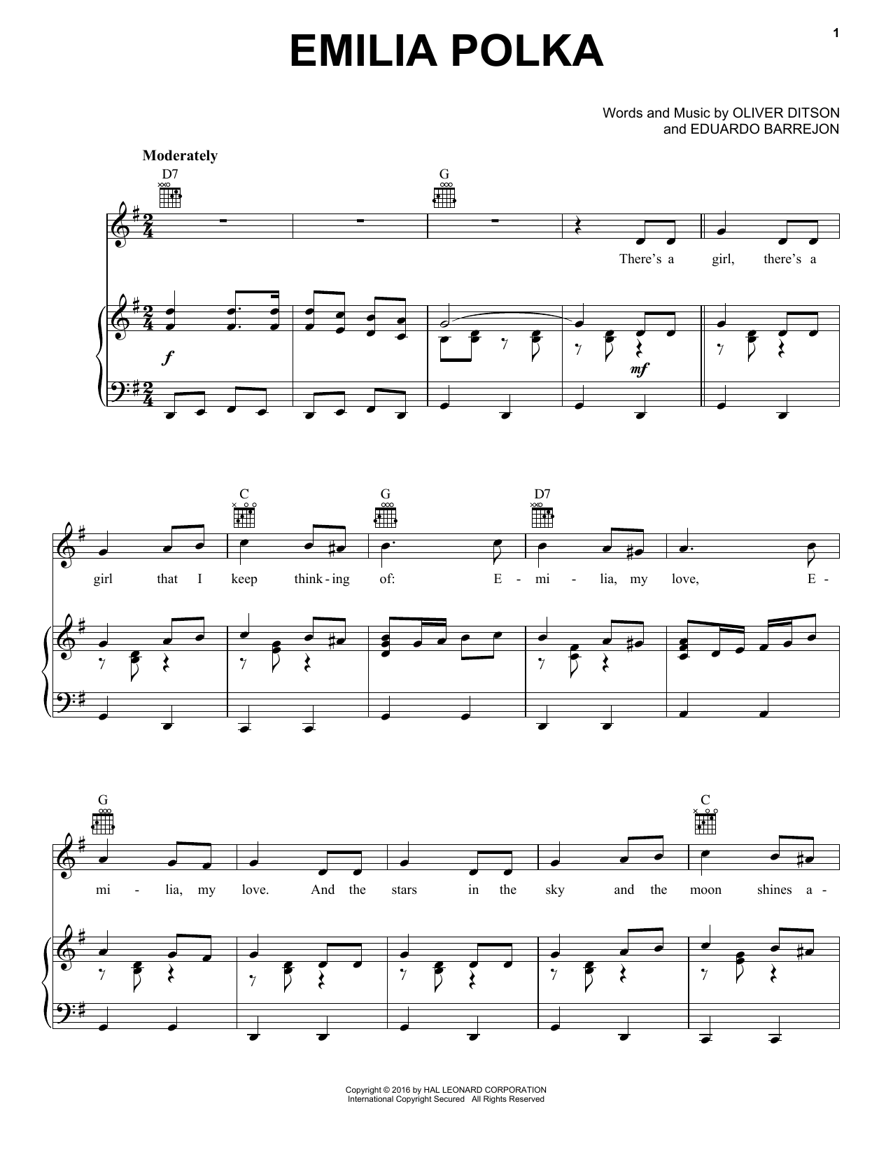 Oliver Ditson & Eduardo Barrejon Emilia Polka Sheet Music Notes & Chords for Piano, Vocal & Guitar (Right-Hand Melody) - Download or Print PDF
