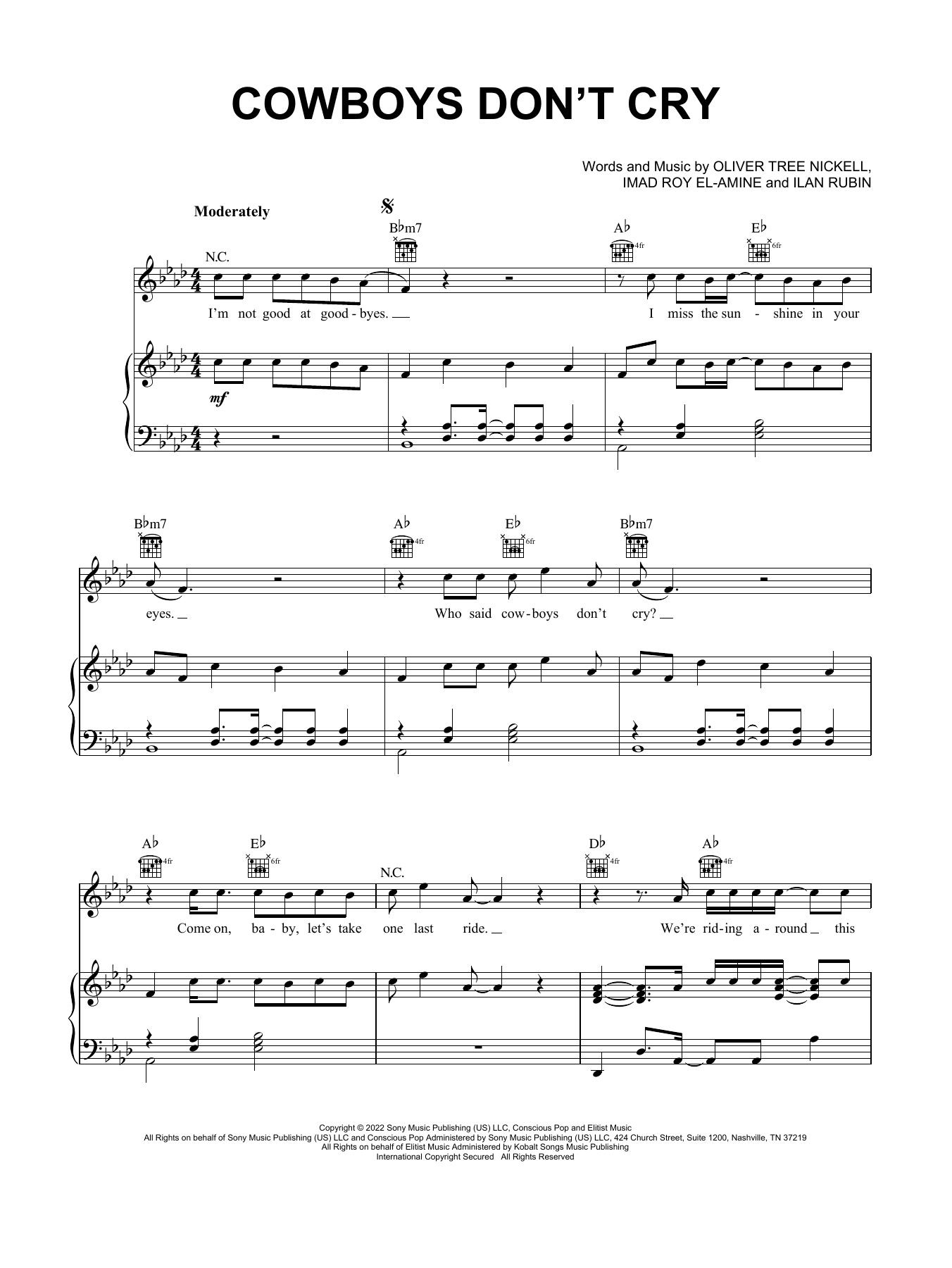 Oliver Tree Cowboys Don't Cry Sheet Music Notes & Chords for Piano, Vocal & Guitar Chords (Right-Hand Melody) - Download or Print PDF