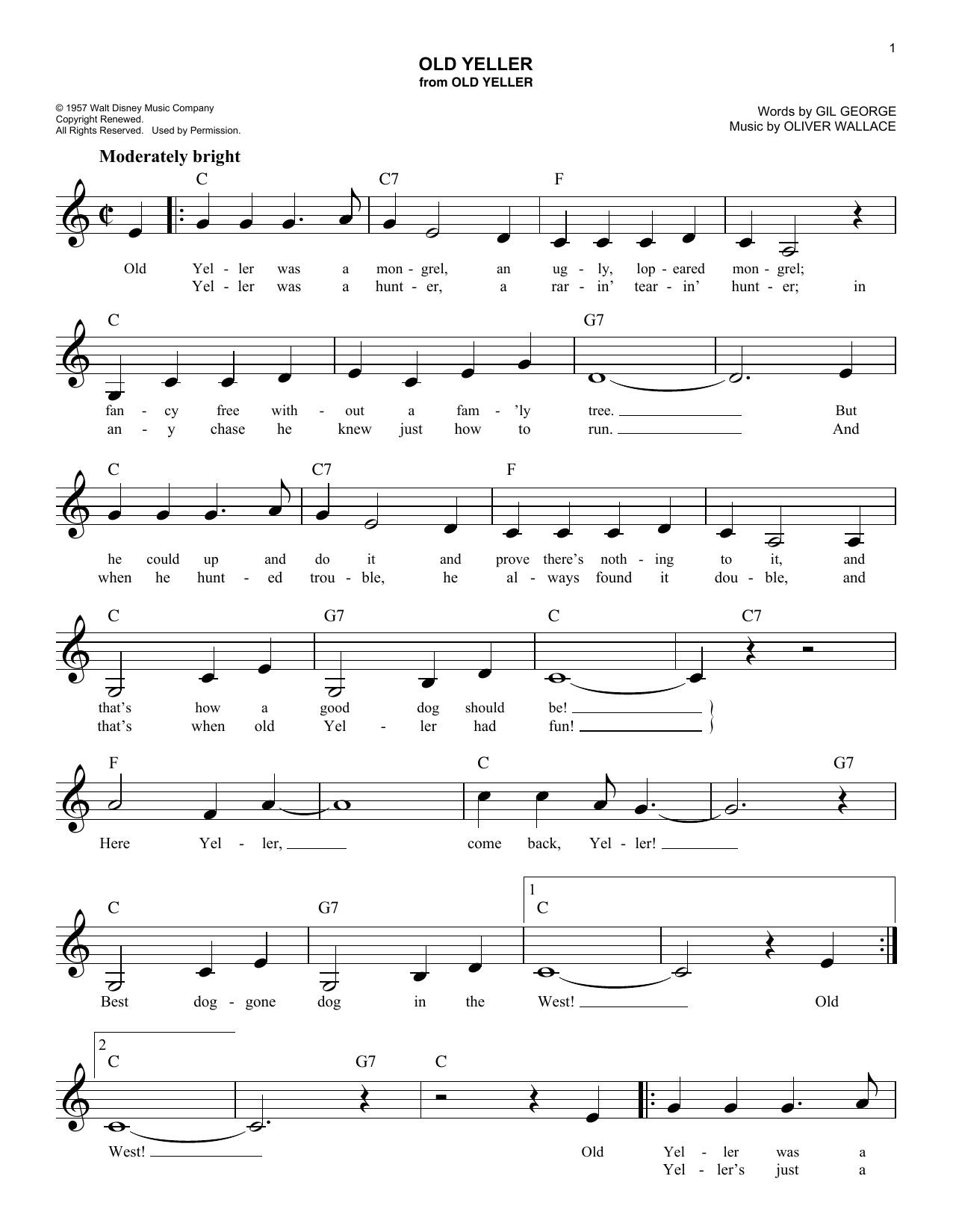 Oliver Wallace Old Yeller Sheet Music Notes & Chords for Melody Line, Lyrics & Chords - Download or Print PDF