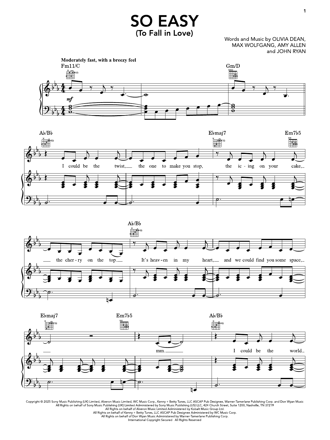 Olivia Dean So Easy (To Fall In Love) Sheet Music Notes & Chords for Super Easy Piano - Download or Print PDF