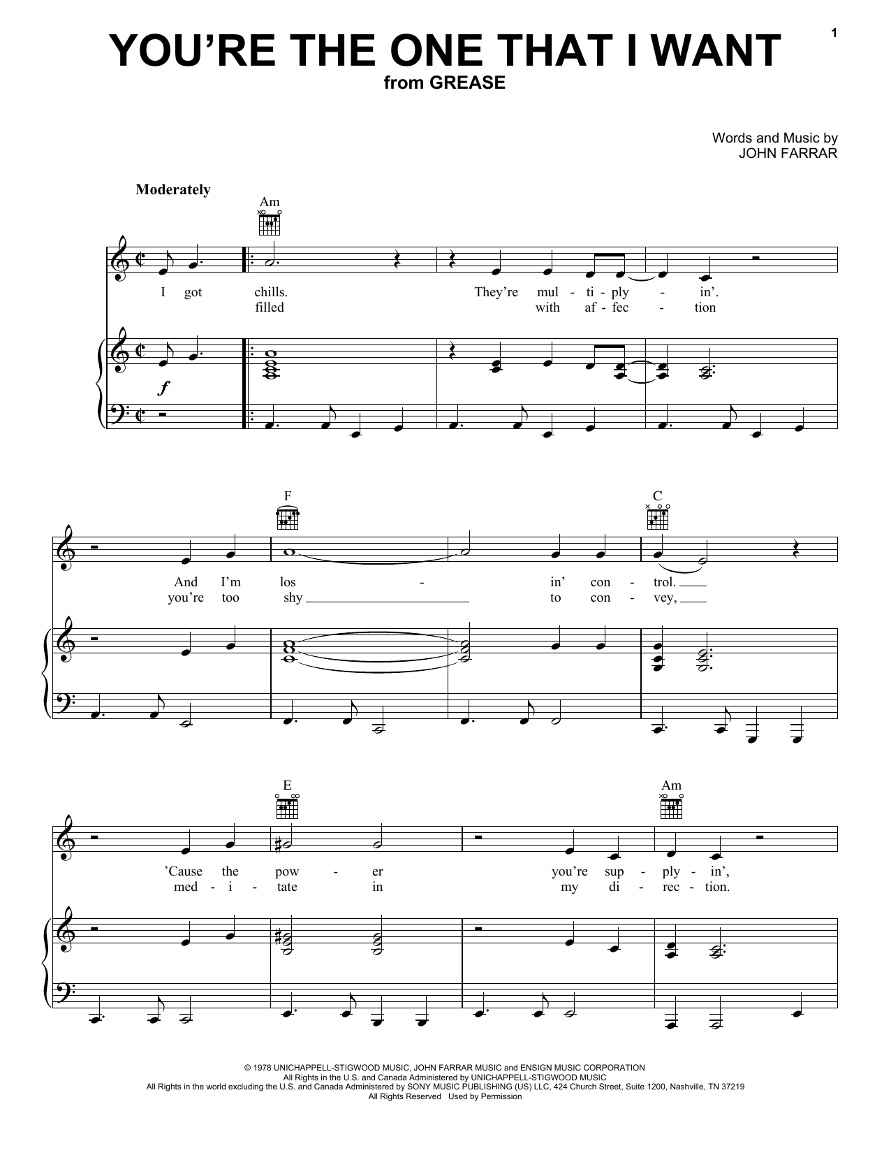 Olivia Newton-John & John Travolta You're The One That I Want (from Grease) Sheet Music Notes & Chords for Piano, Vocal & Guitar (Right-Hand Melody) - Download or Print PDF