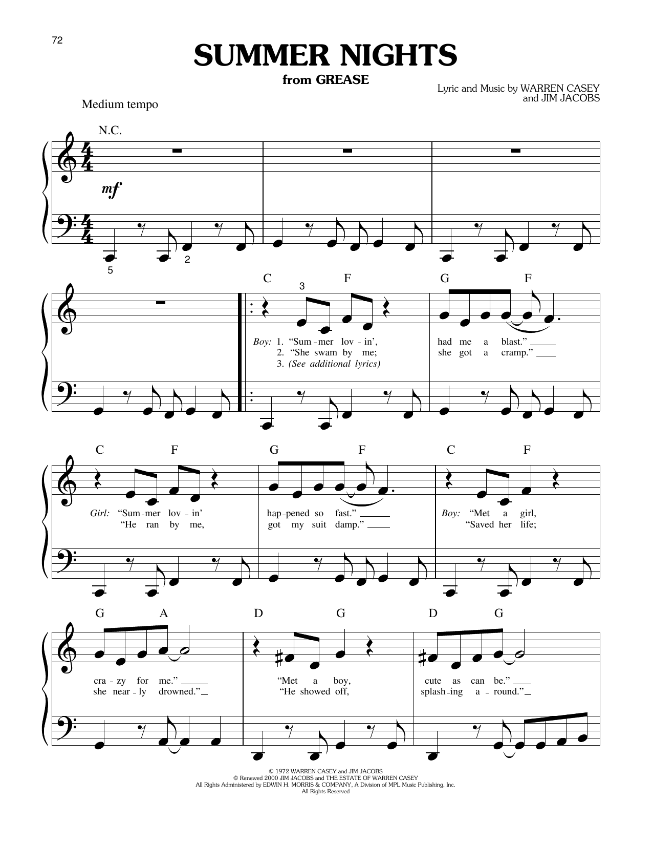 Olivia Newton-John and John Travolta Summer Nights (from Grease) Sheet Music Notes & Chords for Big Note Piano - Download or Print PDF