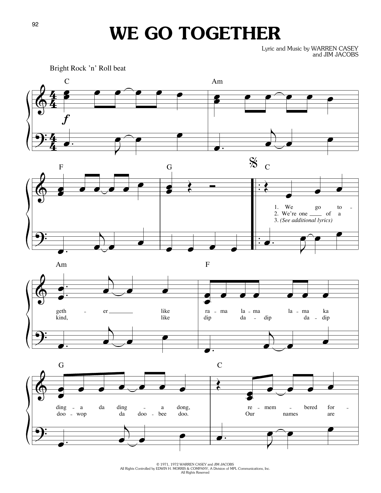 Olivia Newton-John and John Travolta We Go Together (from Grease) Sheet Music Notes & Chords for Big Note Piano - Download or Print PDF