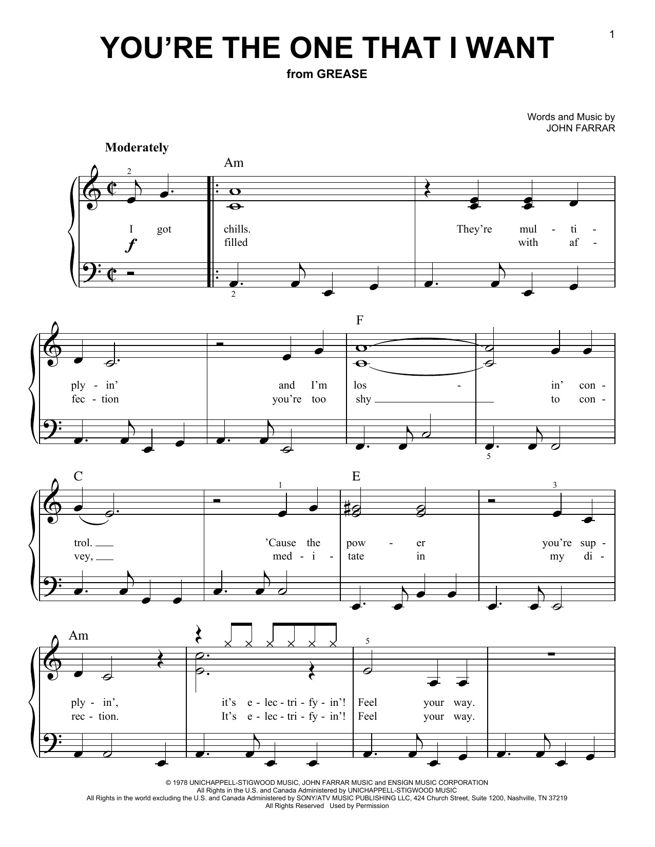 Olivia Newton-John and John Travolta You're The One That I Want Sheet Music Notes & Chords for Voice - Download or Print PDF