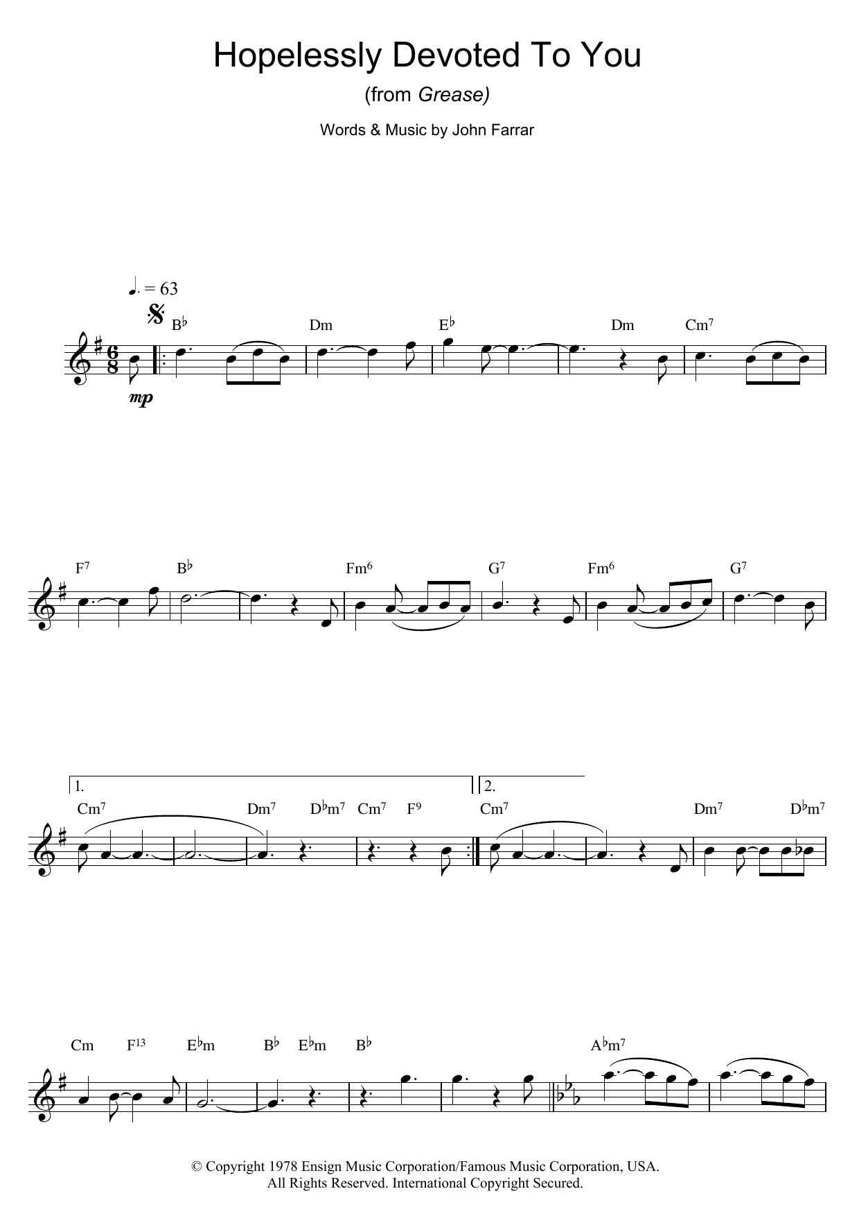 Olivia Newton-John Hopelessly Devoted To You (from Grease) Sheet Music Notes & Chords for Easy Ukulele Tab - Download or Print PDF