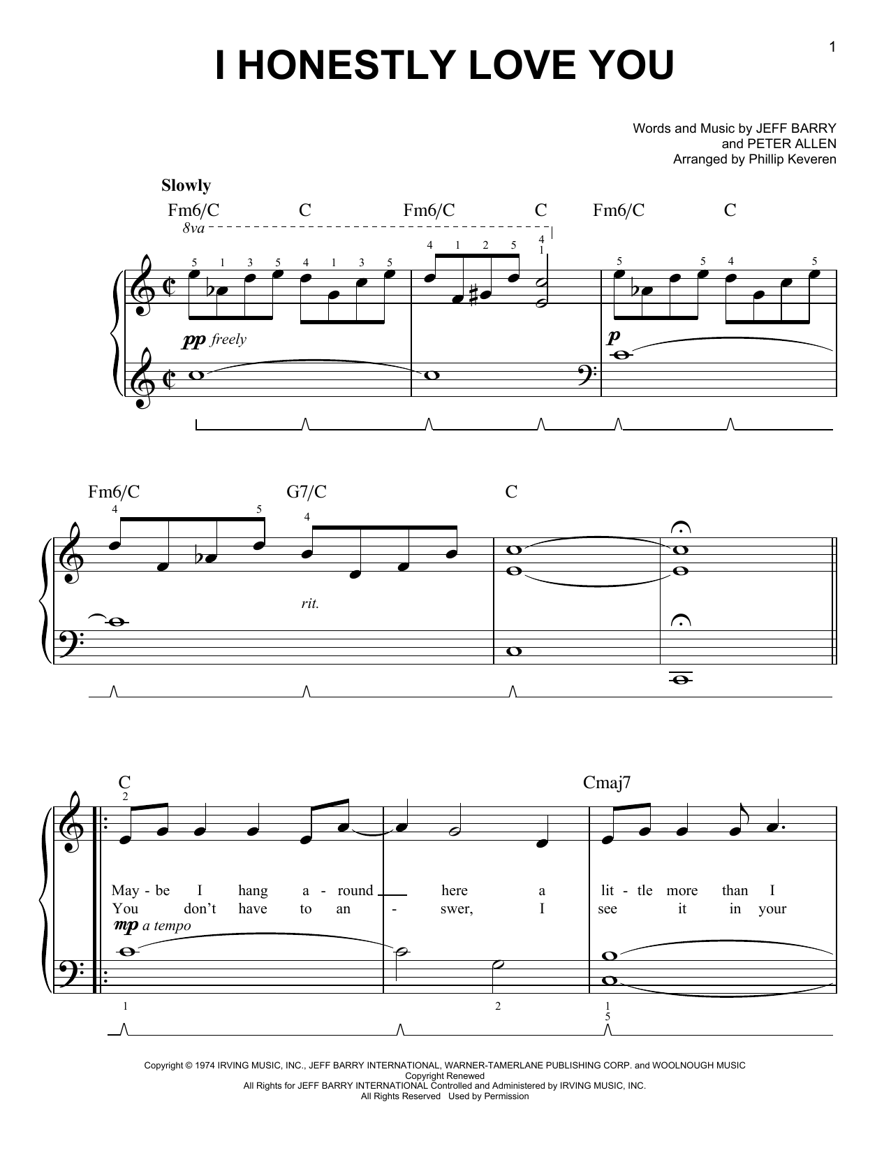 Olivia Newton-John I Honestly Love You (arr. Phillip Keveren) Sheet Music Notes & Chords for Easy Piano - Download or Print PDF