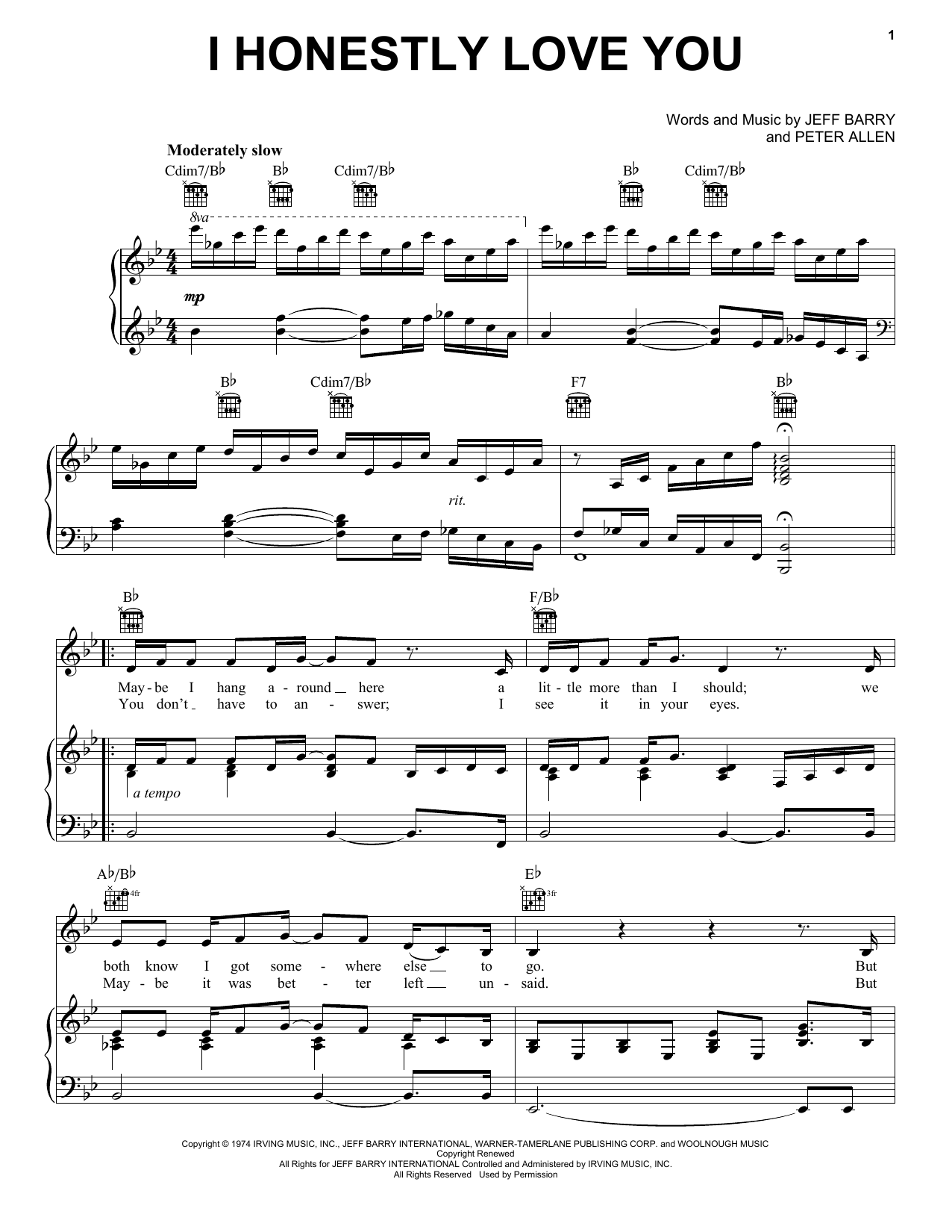 Olivia Newton-John I Honestly Love You Sheet Music Notes & Chords for Melody Line, Lyrics & Chords - Download or Print PDF