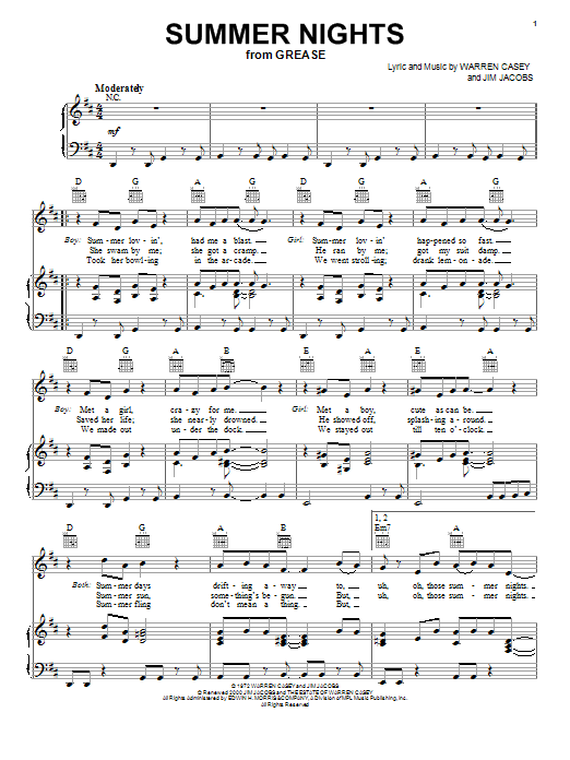 Olivia Newton-John Summer Nights (from Grease) Sheet Music Notes & Chords for Piano, Vocal & Guitar (Right-Hand Melody) - Download or Print PDF