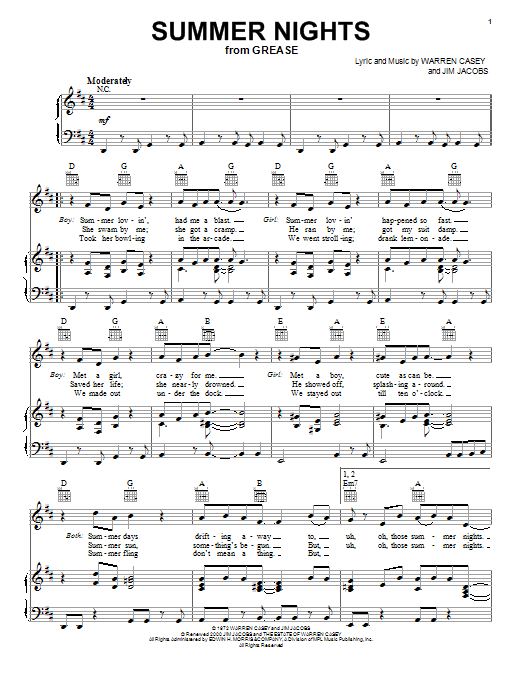 Olivia Newton-John Summer Nights (from Grease) Sheet Music Notes & Chords for 5-Finger Piano - Download or Print PDF