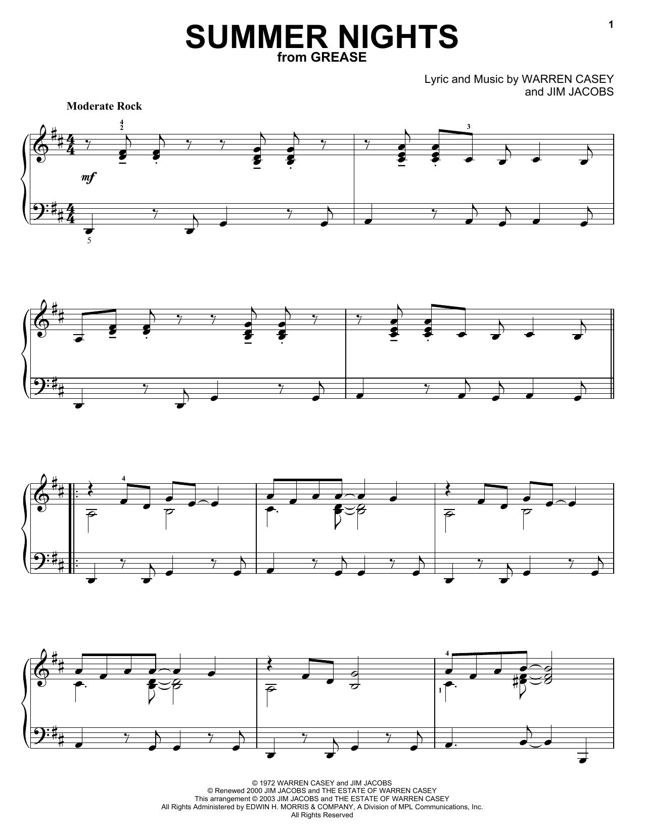 Olivia Newton-John Summer Nights Sheet Music Notes & Chords for Piano - Download or Print PDF