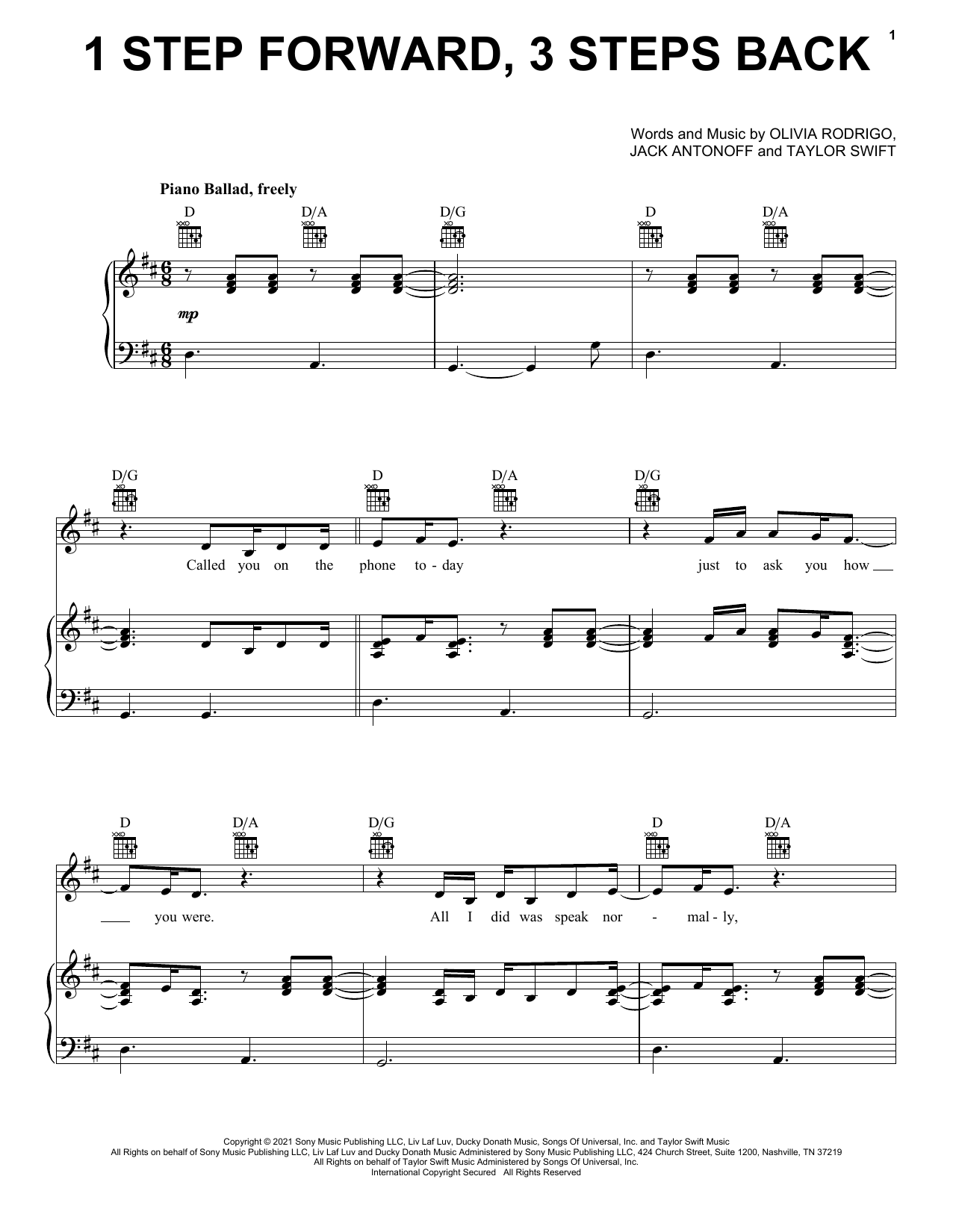 Olivia Rodrigo 1 step forward, 3 steps back Sheet Music Notes & Chords for Easy Piano - Download or Print PDF