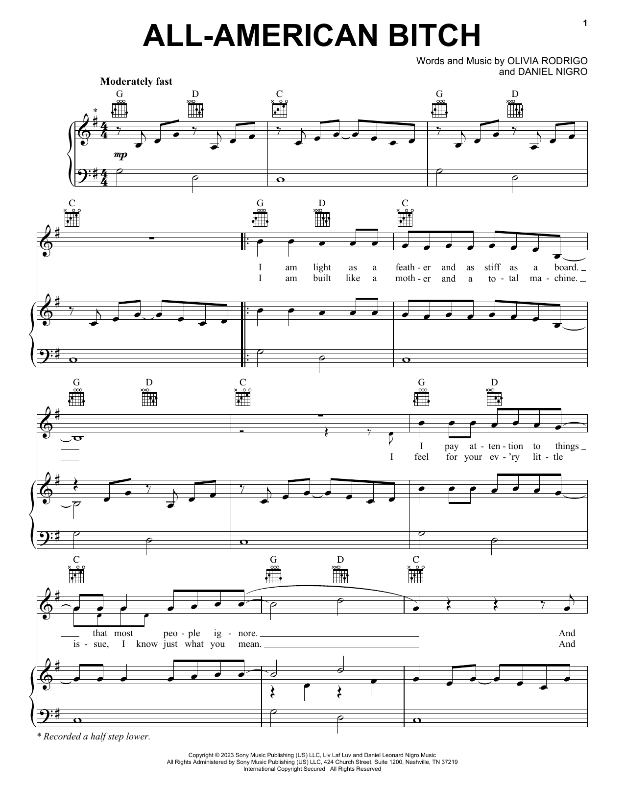 Olivia Rodrigo all-american bitch Sheet Music Notes & Chords for Piano, Vocal & Guitar Chords (Right-Hand Melody) - Download or Print PDF