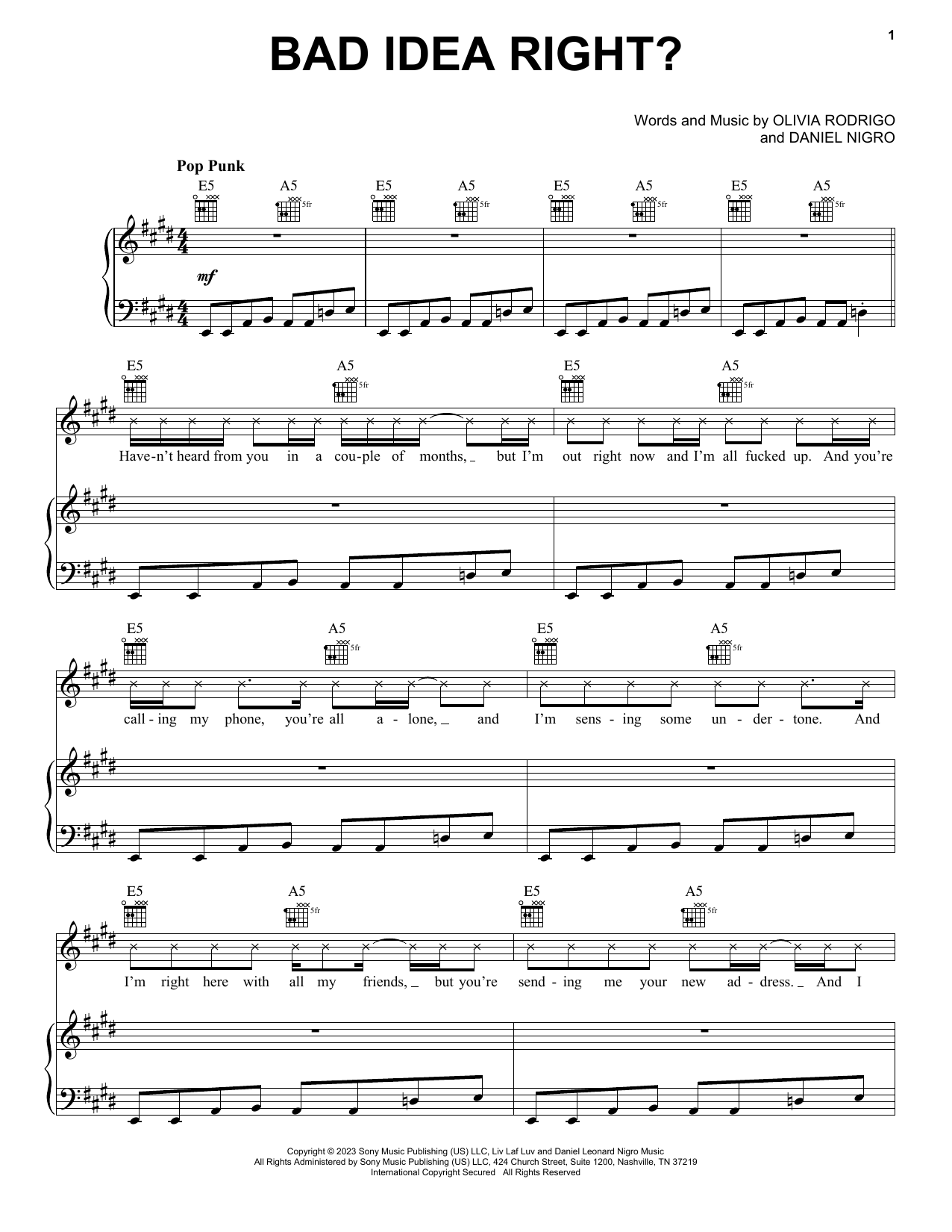 Olivia Rodrigo bad idea right? Sheet Music Notes & Chords for Piano, Vocal & Guitar Chords (Right-Hand Melody) - Download or Print PDF