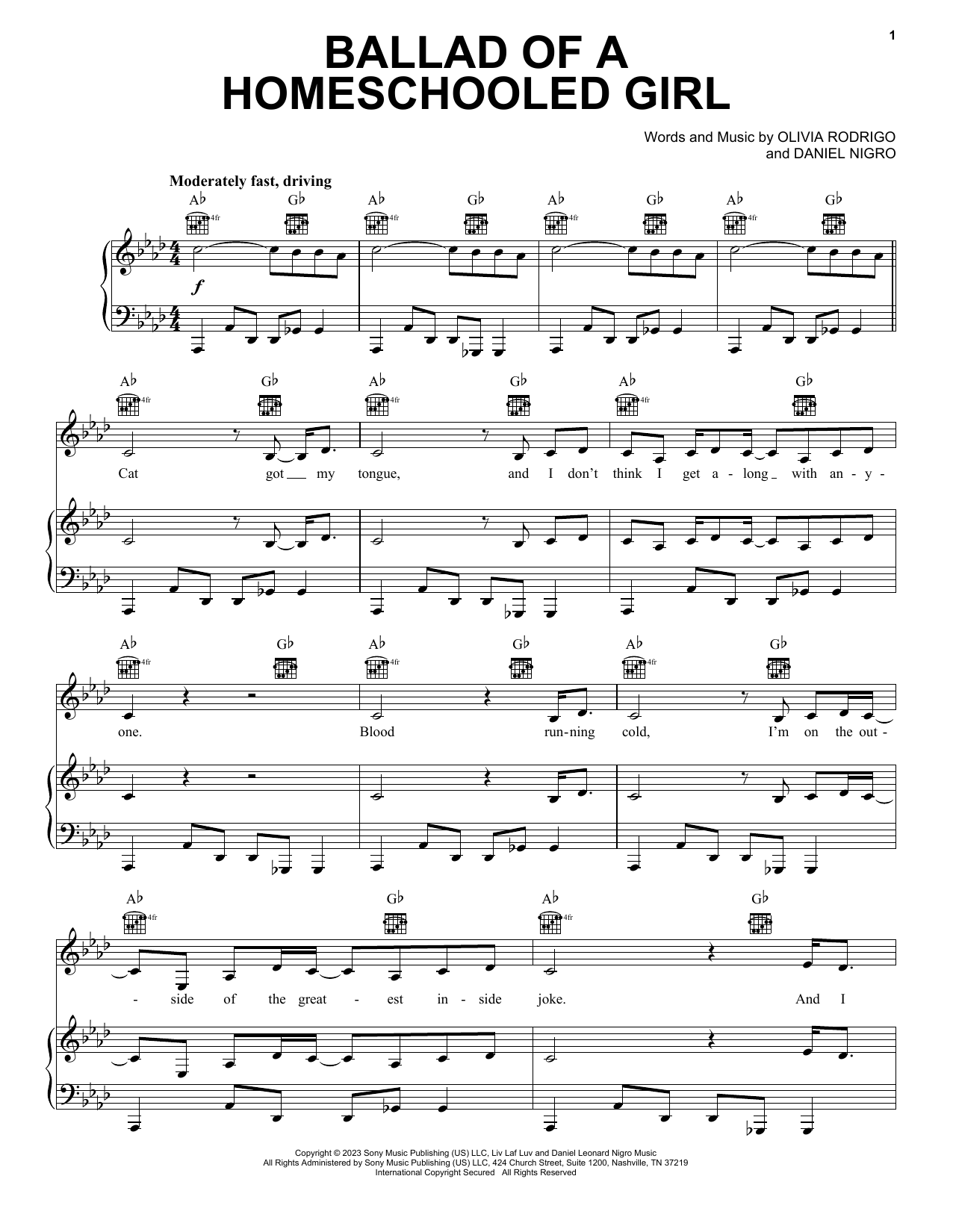 Olivia Rodrigo ballad of a homeschooled girl Sheet Music Notes & Chords for Piano, Vocal & Guitar Chords (Right-Hand Melody) - Download or Print PDF